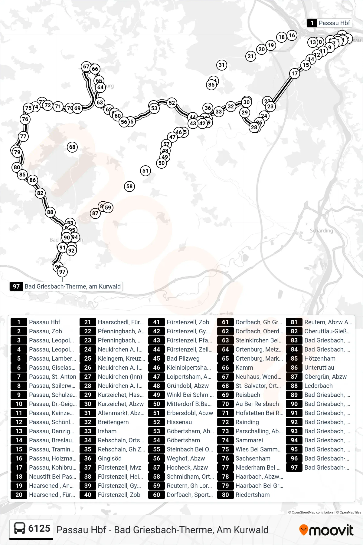 6125 bus Line (Bad Griesbach) route and stops on a map