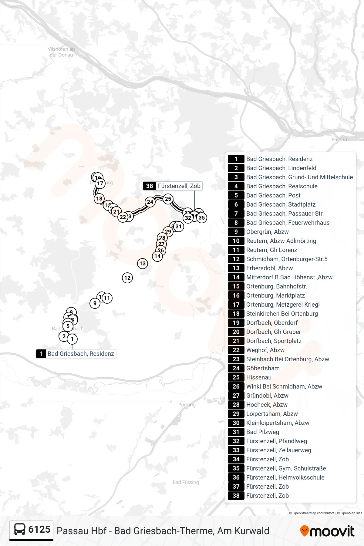 Linie 6125 (Bus) Richtung Fürstenzell: Route und Haltestellen auf der Karte