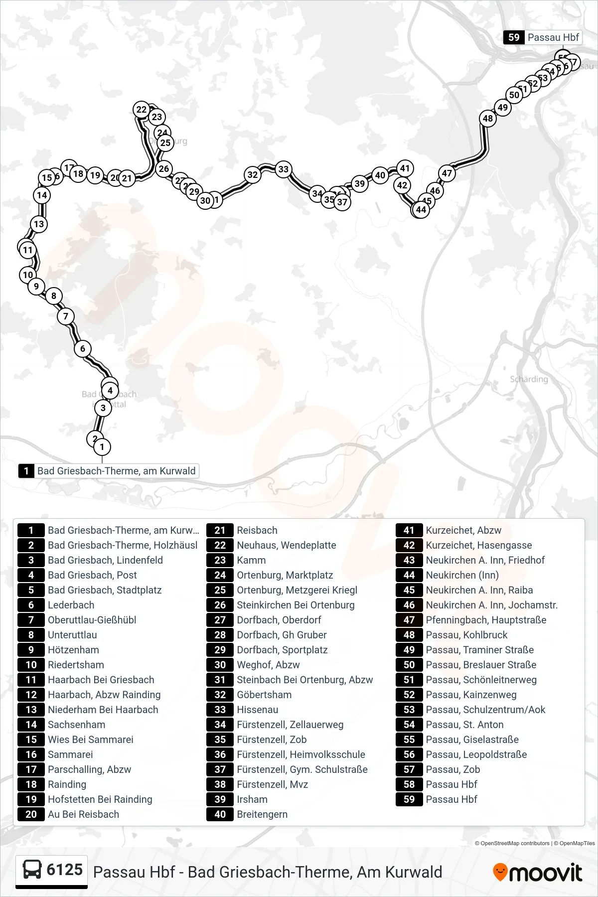 Linie 6125 (Bus) Richtung Passau: Route und Haltestellen auf der Karte
