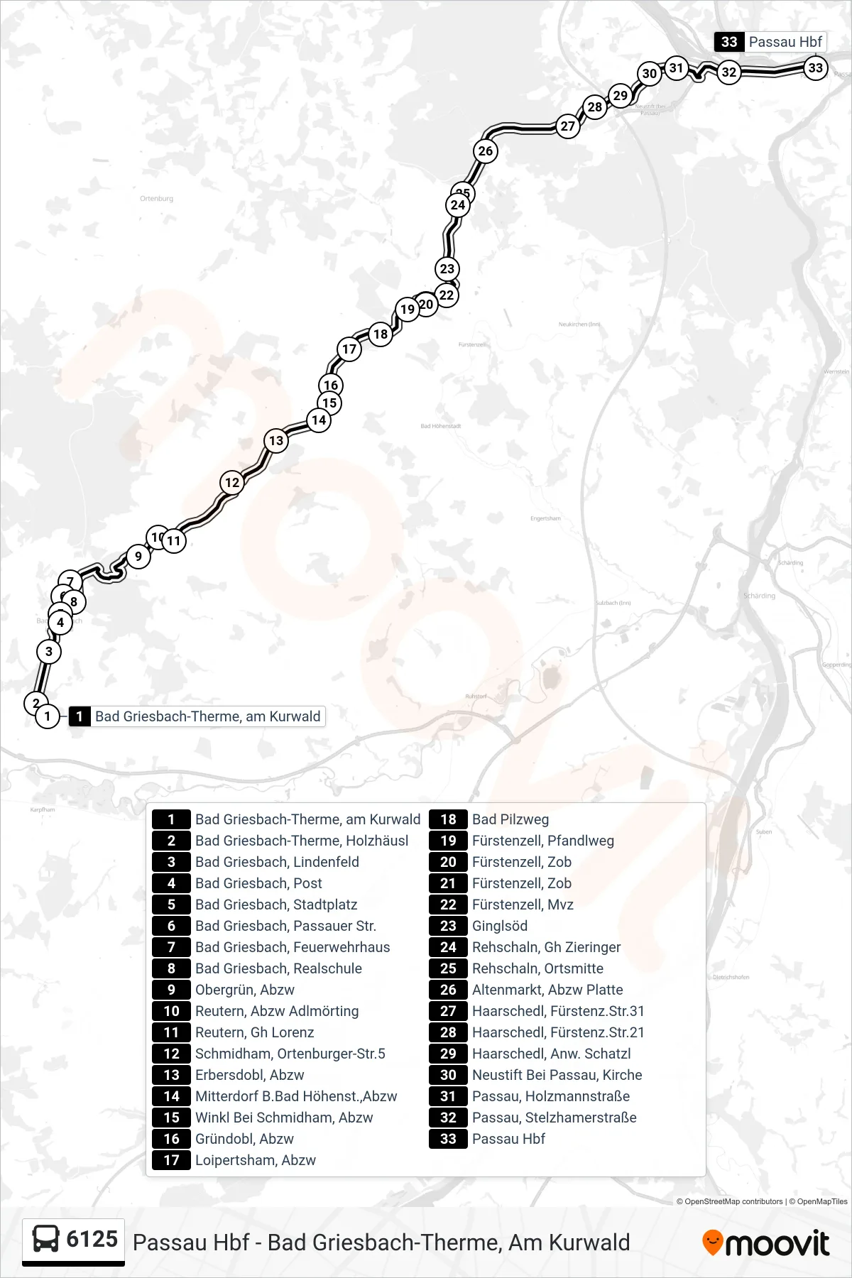6125 bus Line (Passau; Über Rehschaln) route and stops on a map