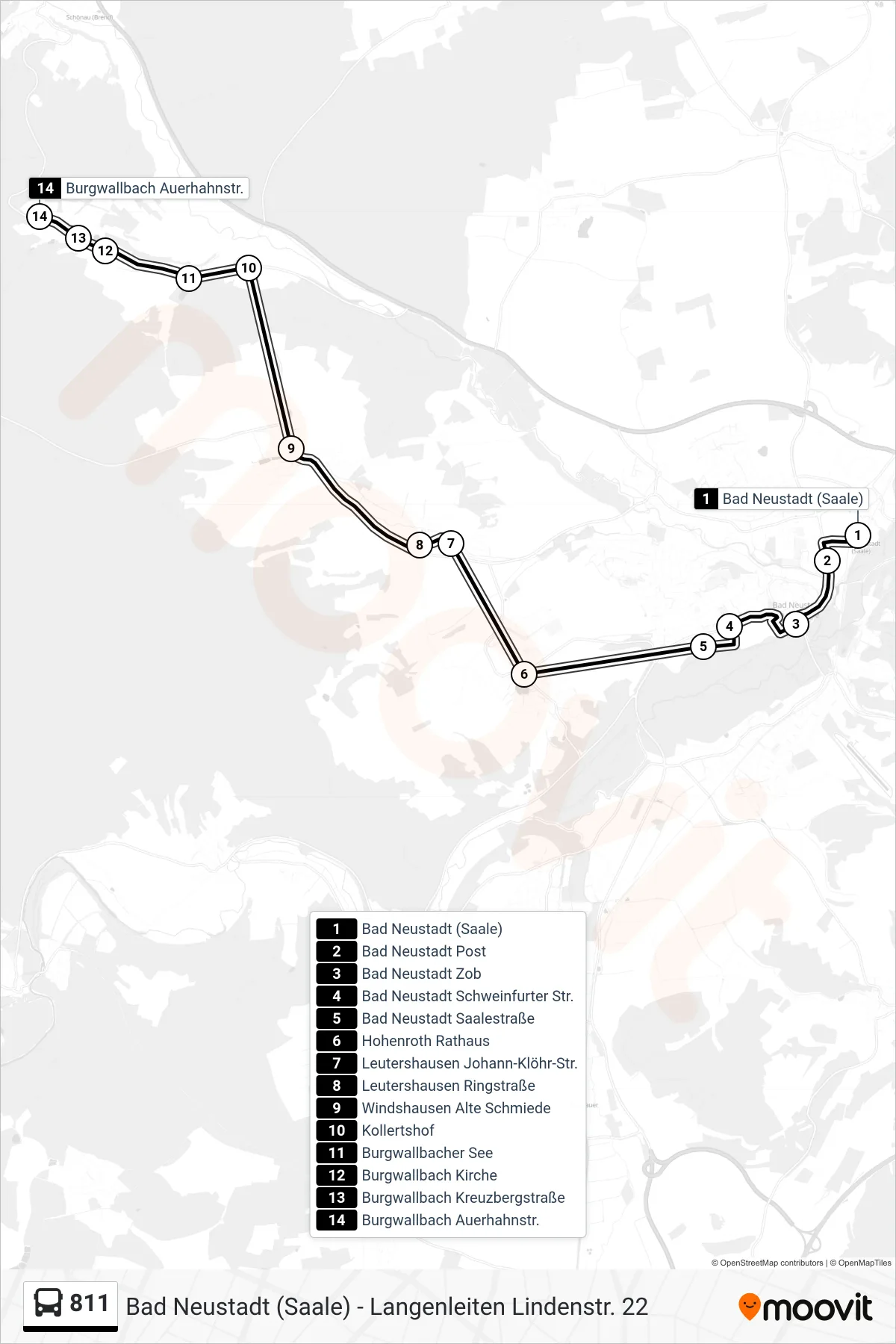 811 bus Line (Burgwallbach Auerhahnstr.) route and stops on a map