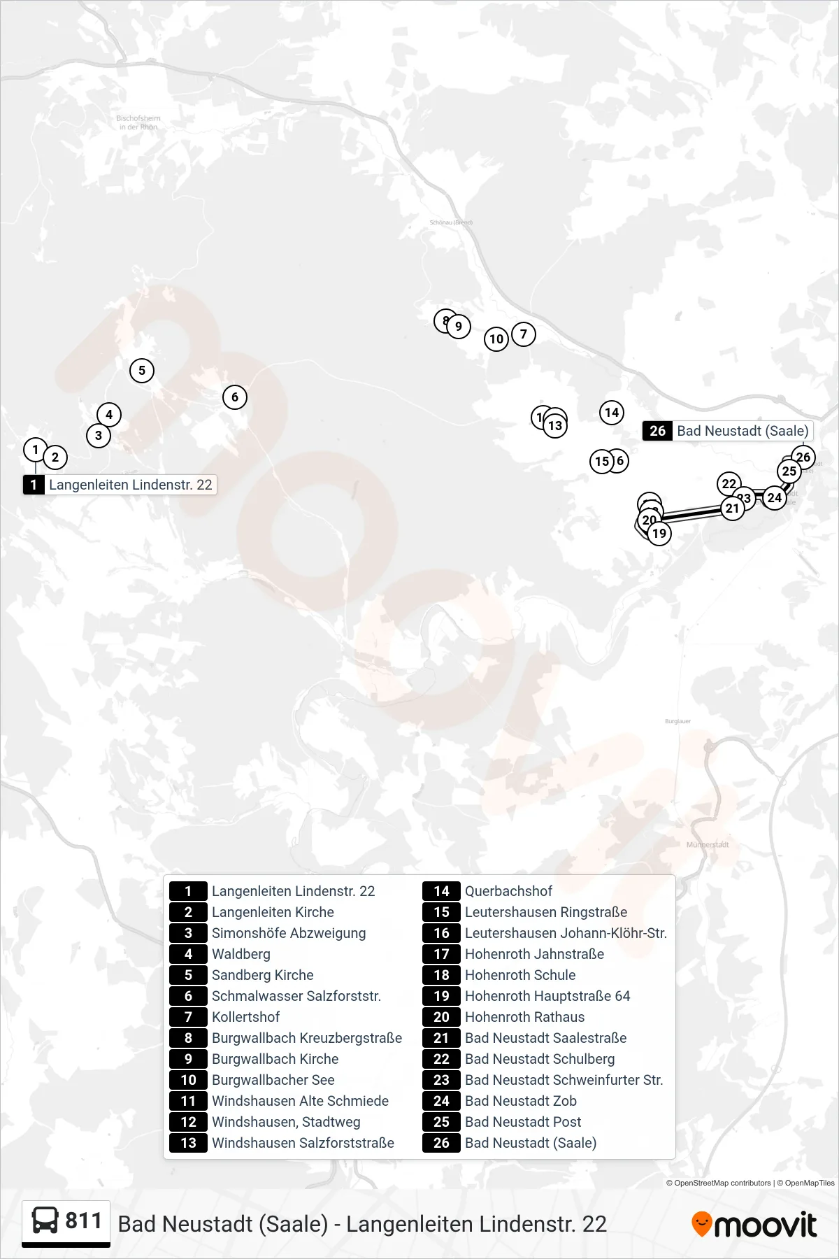 811 bus Line (Bad Neustadt (Saale)) route and stops on a map