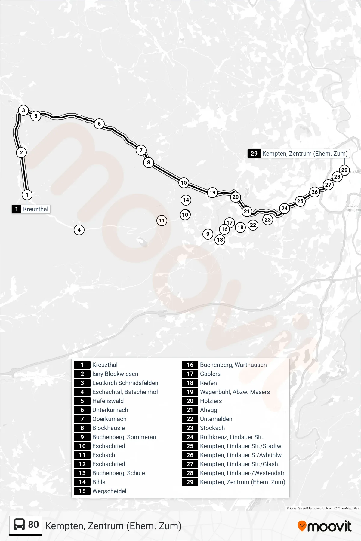 Linie 80 (Bus) Richtung Kempten, Zentrum (Ehem. Zum): Route und Haltestellen auf der Karte