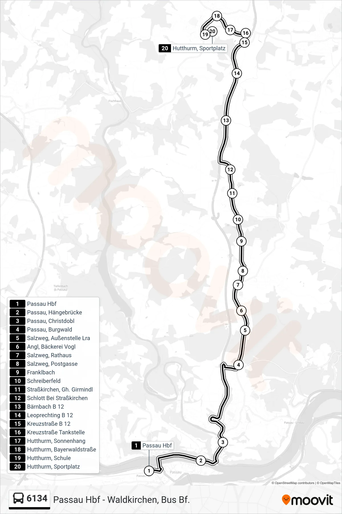 6134 bus Line (Hutthurm) route and stops on a map