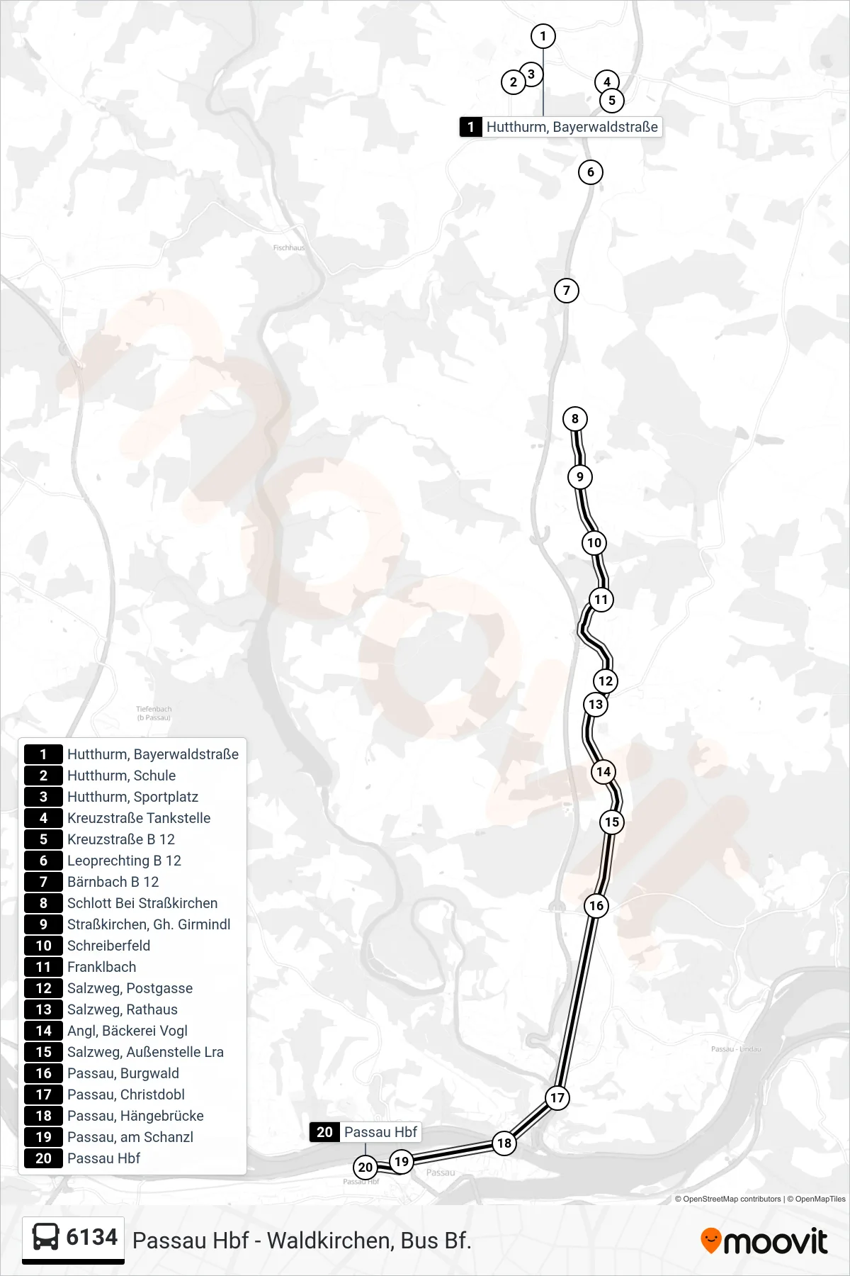 Linie 6134 (Bus) Richtung Passau Hbf: Route und Haltestellen auf der Karte