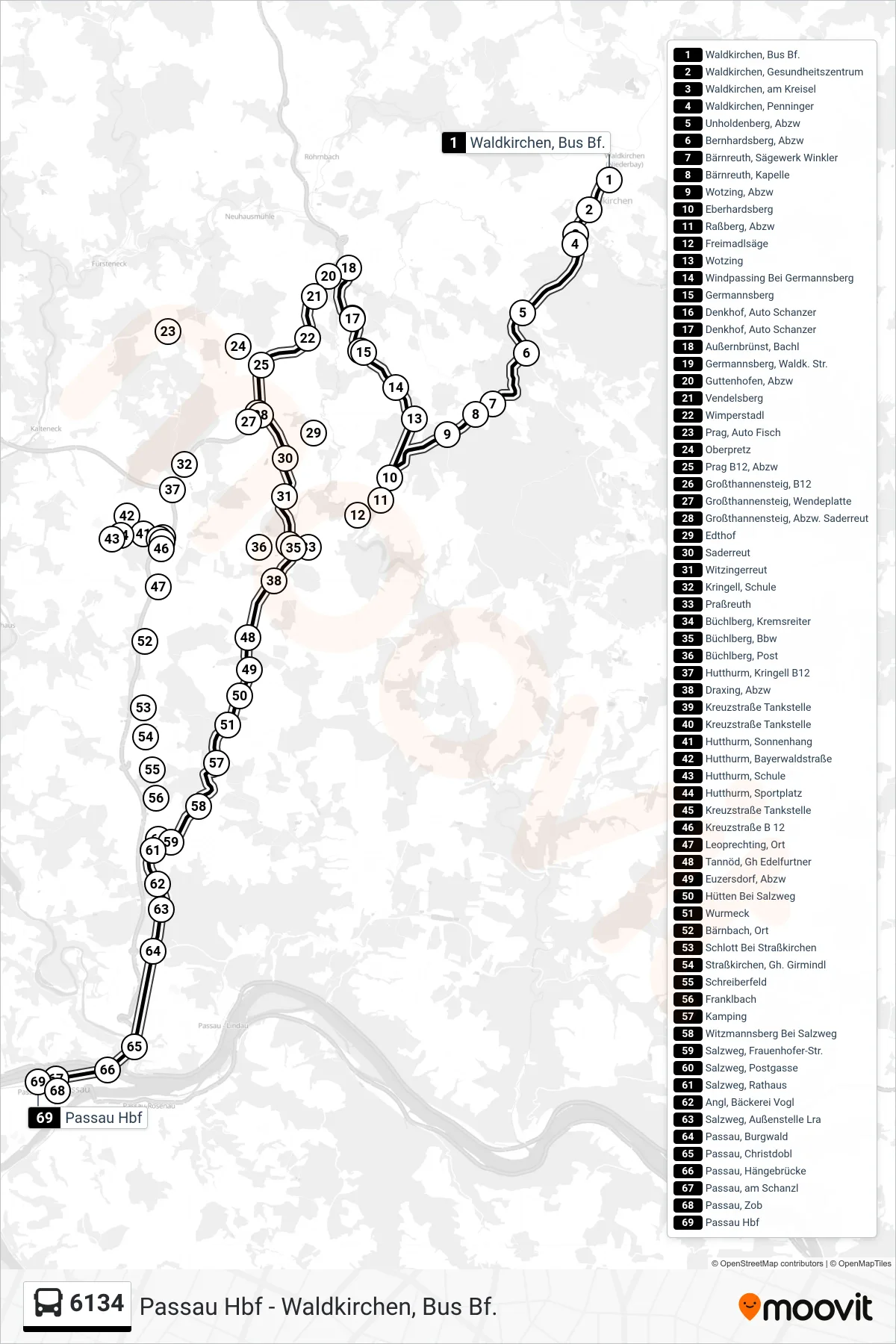 Linie 6134 (Bus) Richtung Passau: Route und Haltestellen auf der Karte