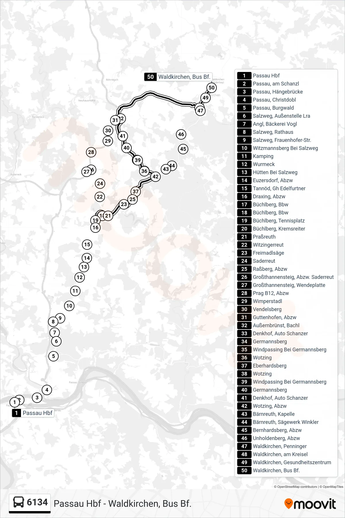 Linie 6134 (Bus) Richtung Waldkirchen: Route und Haltestellen auf der Karte