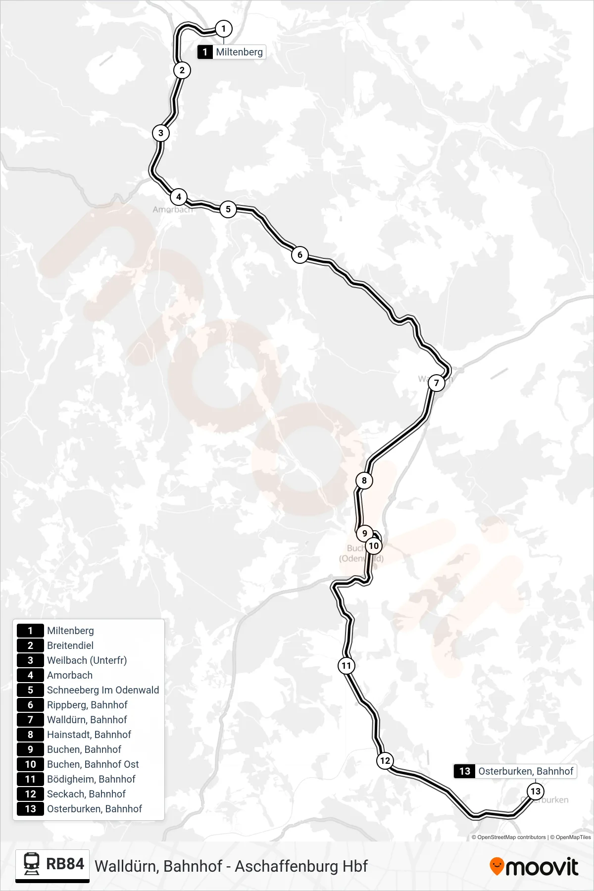 RB84 train Line (Osterburken, Bahnhof) route and stops on a map