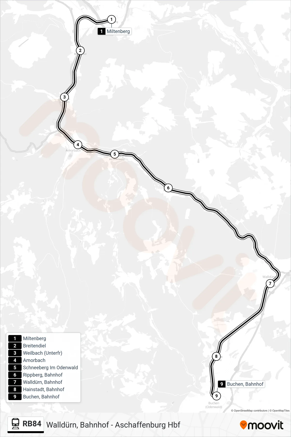 RB84 rail Line (Buchen, Bahnhof) route and stops on a map