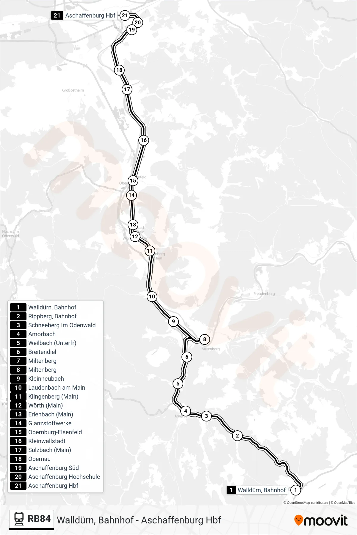 RB84 train Line (Aschaffenburg Hbf) route and stops on a map