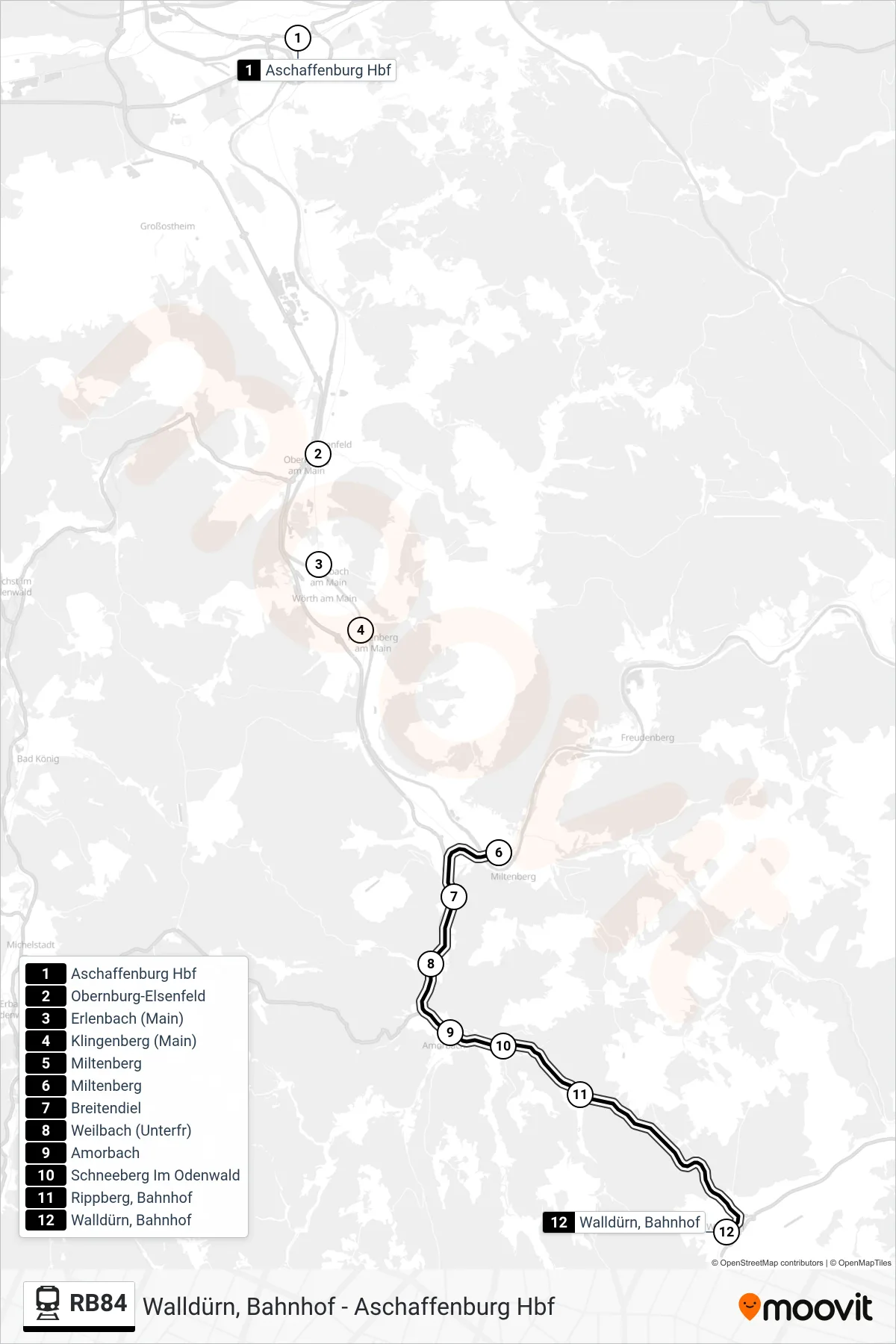 RB84 train Line (Walldürn, Bahnhof) route and stops on a map
