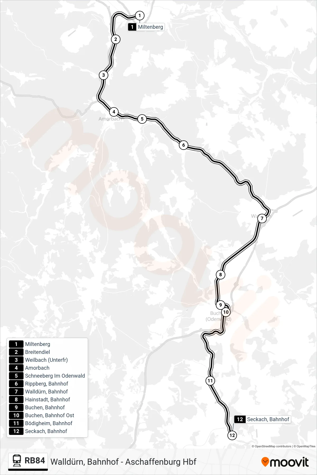 Linie RB84 (Bahn) Richtung Seckach, Bahnhof: Route und Haltestellen auf der Karte