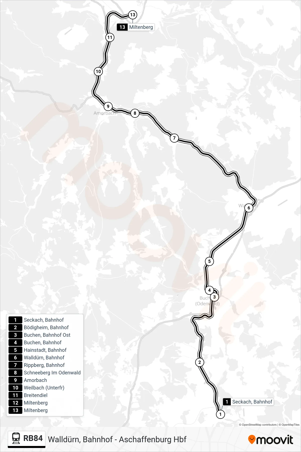 Linie RB84 (Bahn) Richtung Miltenberg: Route und Haltestellen auf der Karte