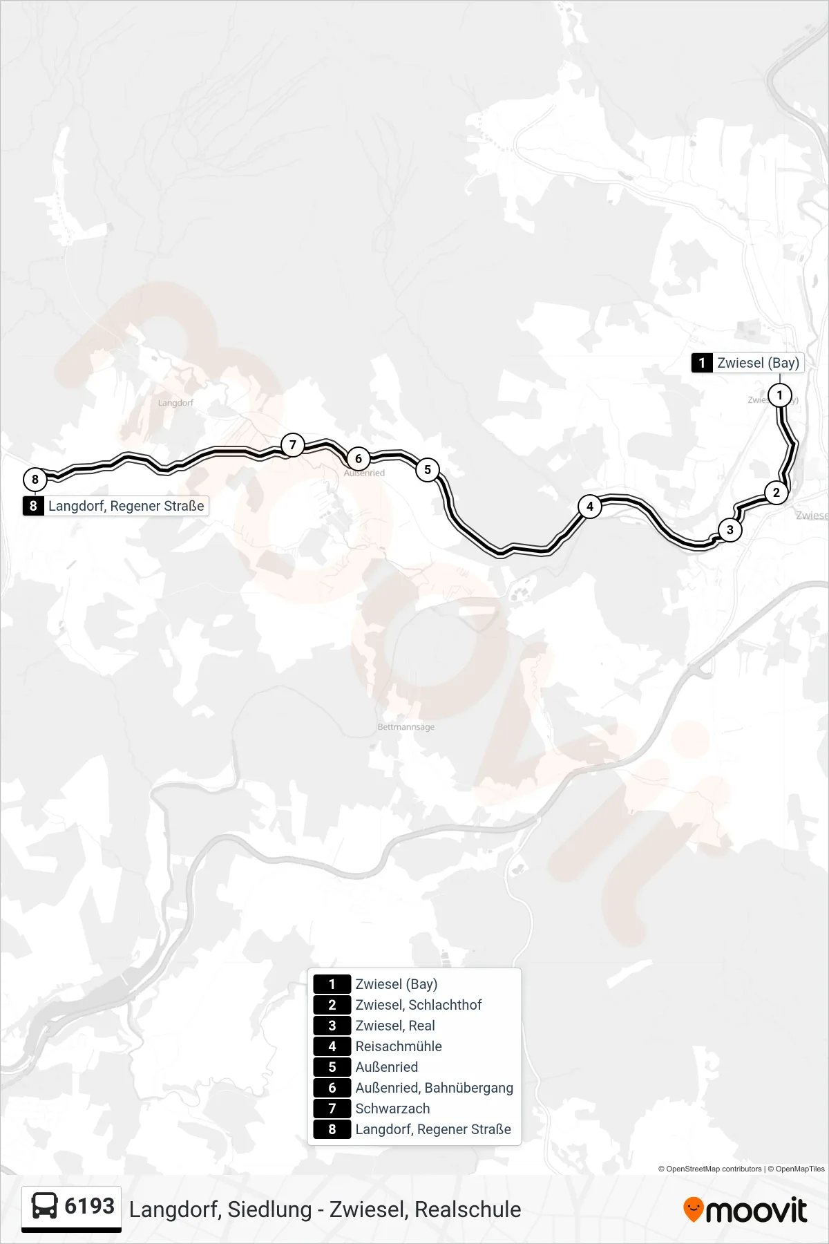 Linie 6193 (Bus) Richtung Langdorf; Regener Straße: Route und Haltestellen auf der Karte