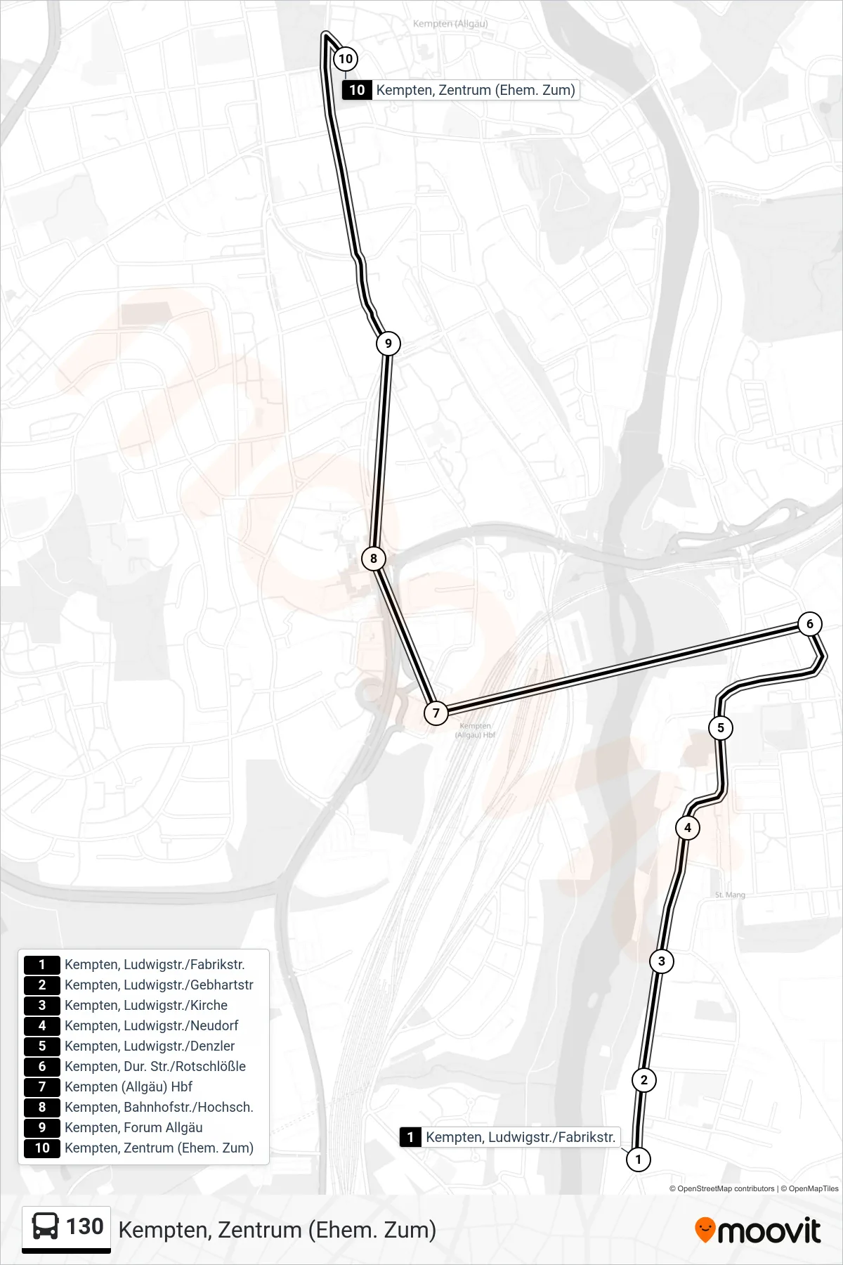Linie 130 (Bus) Richtung Kempten, Zentrum (Ehem. Zum): Route und Haltestellen auf der Karte