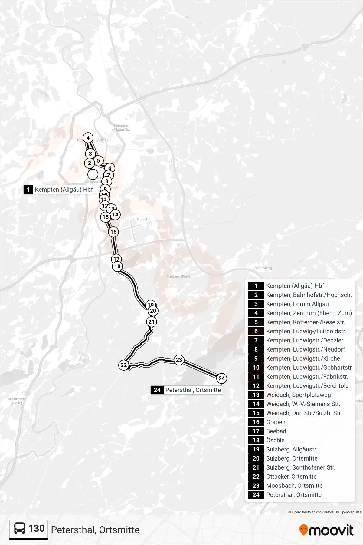 Linie 130 (Bus) Richtung Petersthal, Ortsmitte: Route und Haltestellen auf der Karte