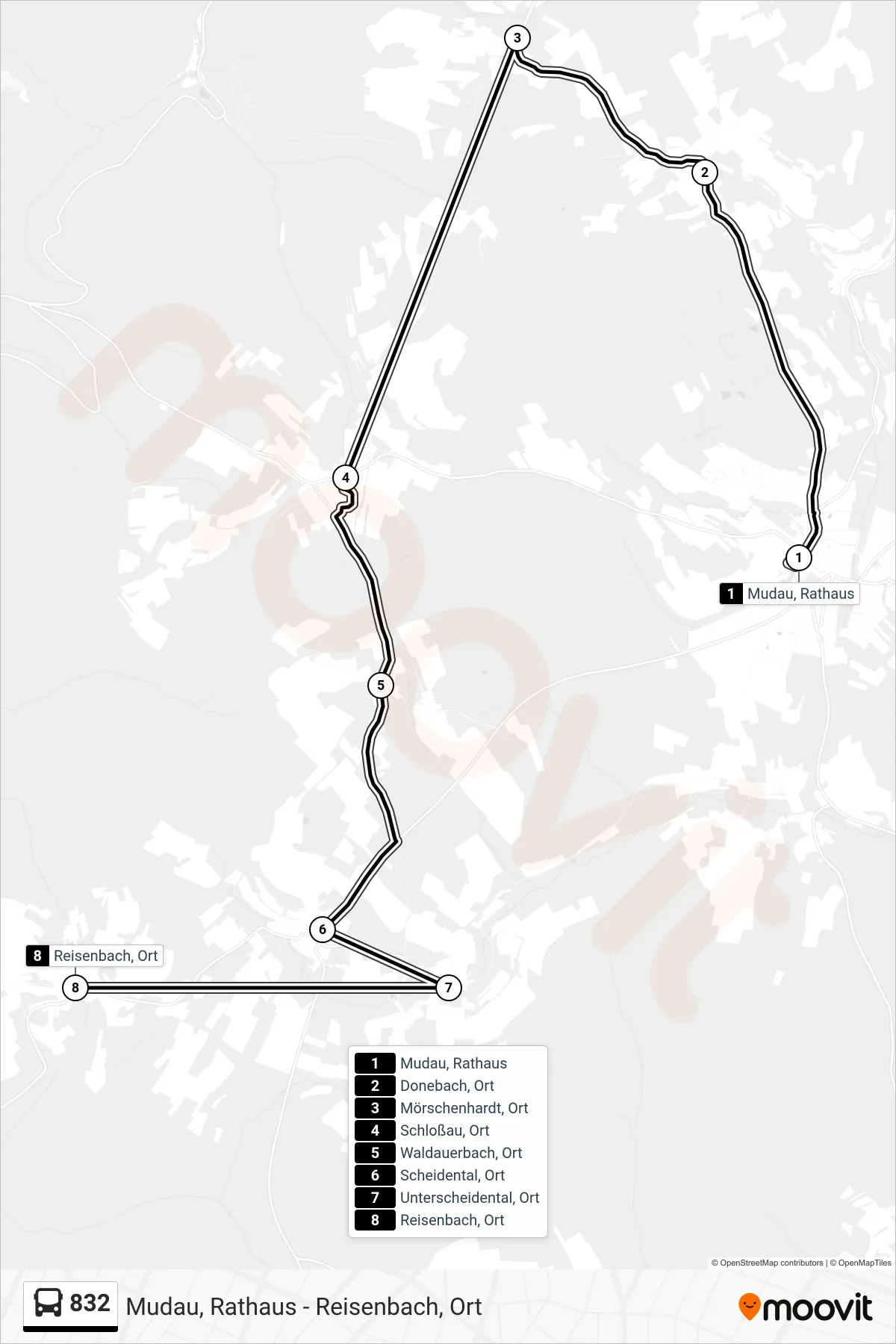 Linie 832 (Bus) Richtung Reisenbach, Ort: Route und Haltestellen auf der Karte