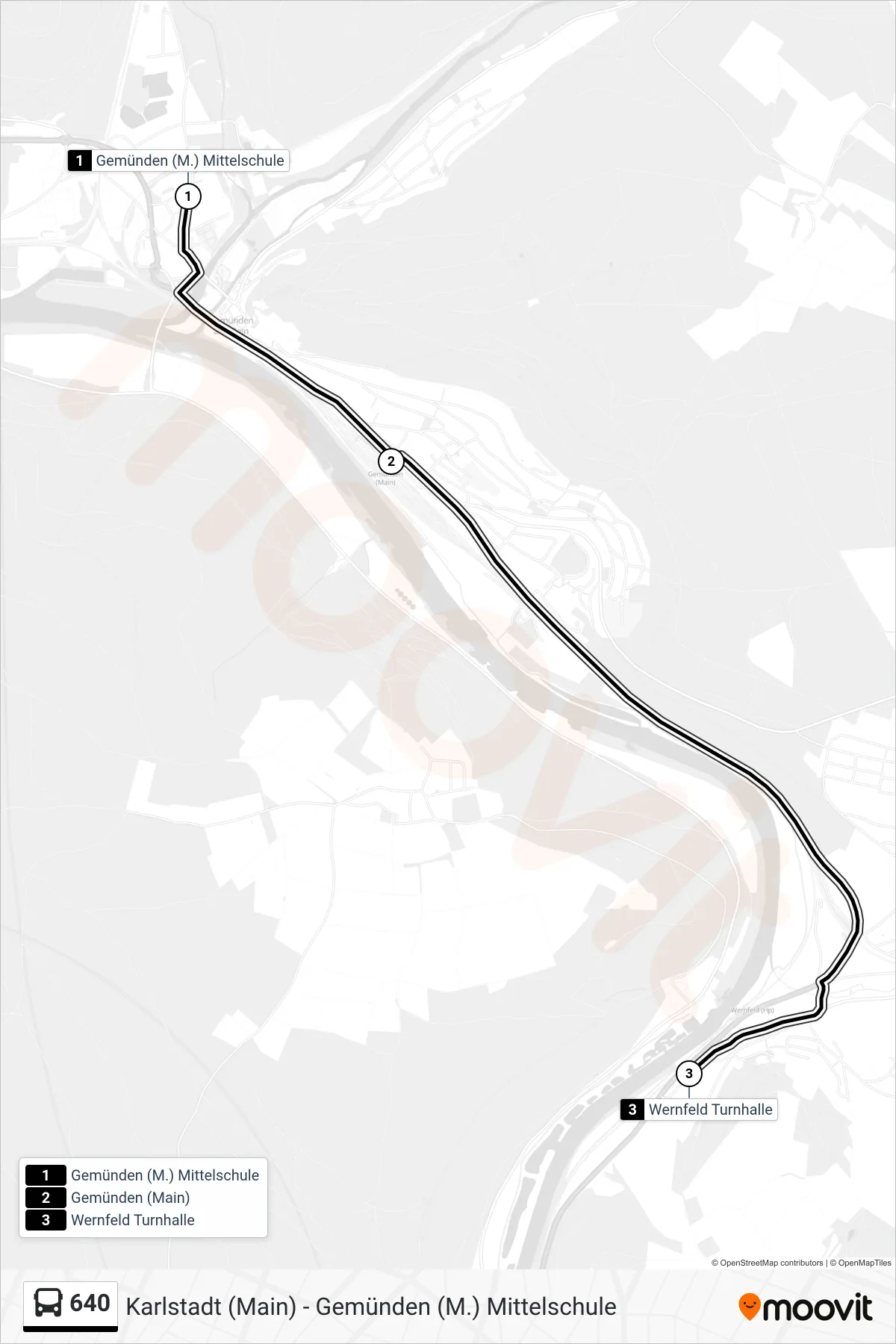 640 bus Line (Wernfeld Turnhalle) route and stops on a map