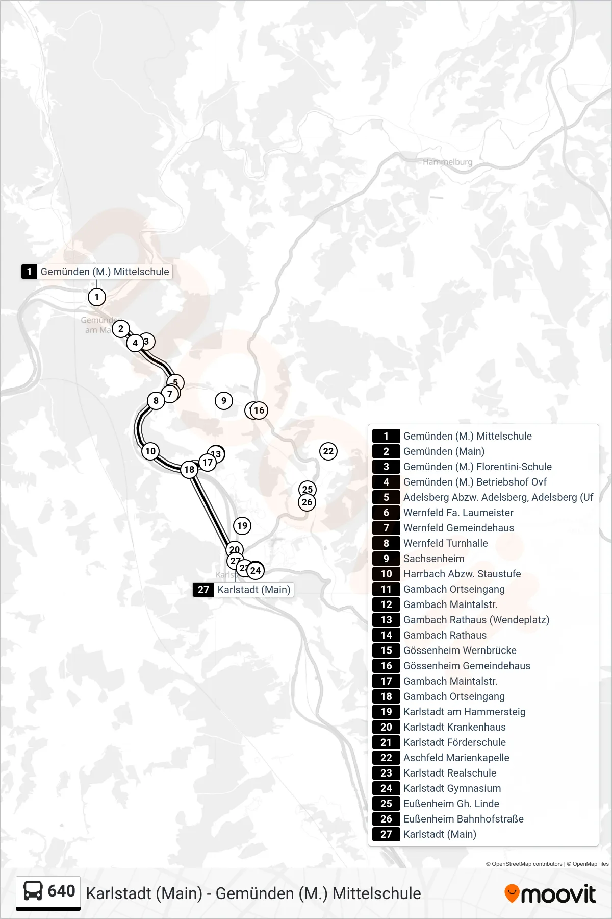 640 bus Line (Karlstadt) route and stops on a map