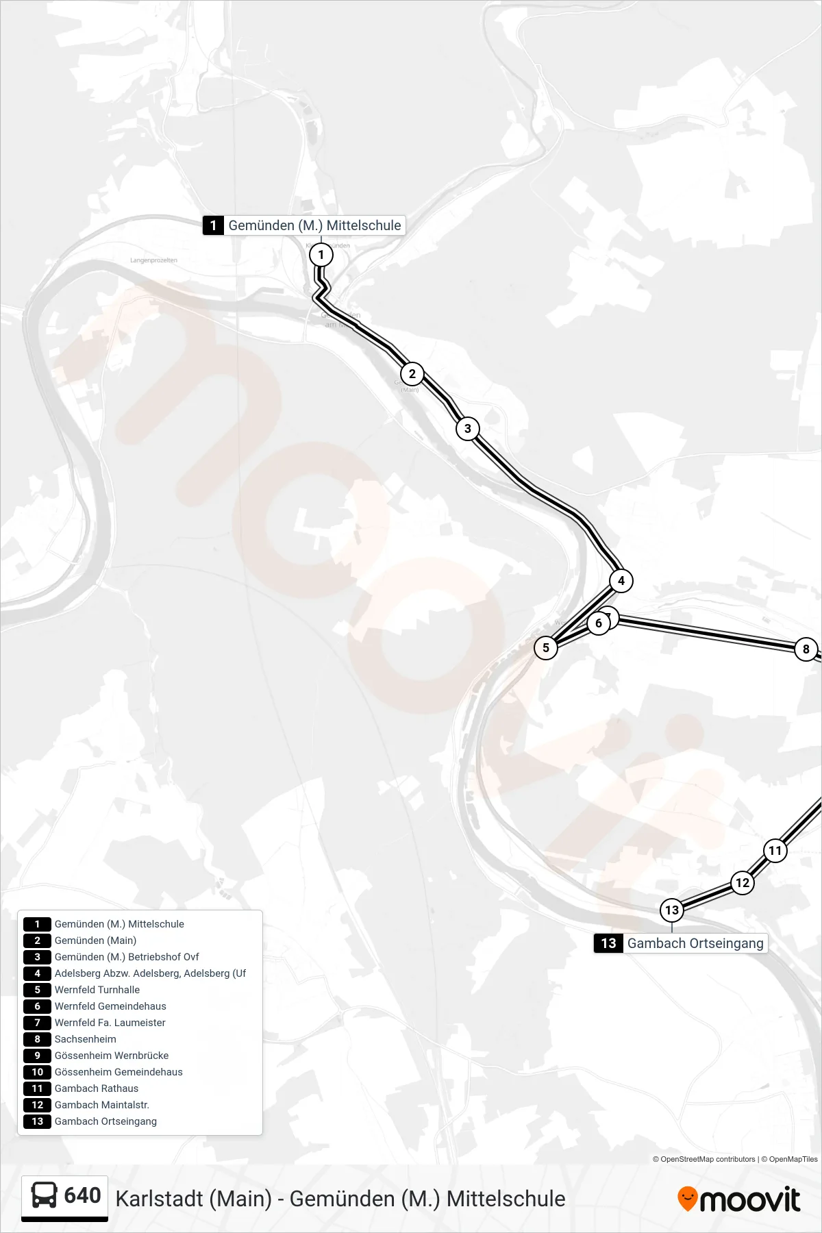 640 bus Line (Gambach, Rathaus) route and stops on a map