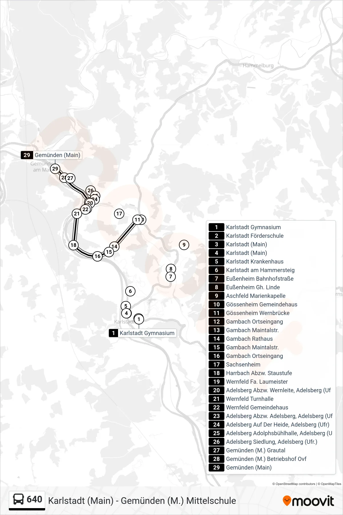 640 bus Line (Gemünden, Bf) route and stops on a map