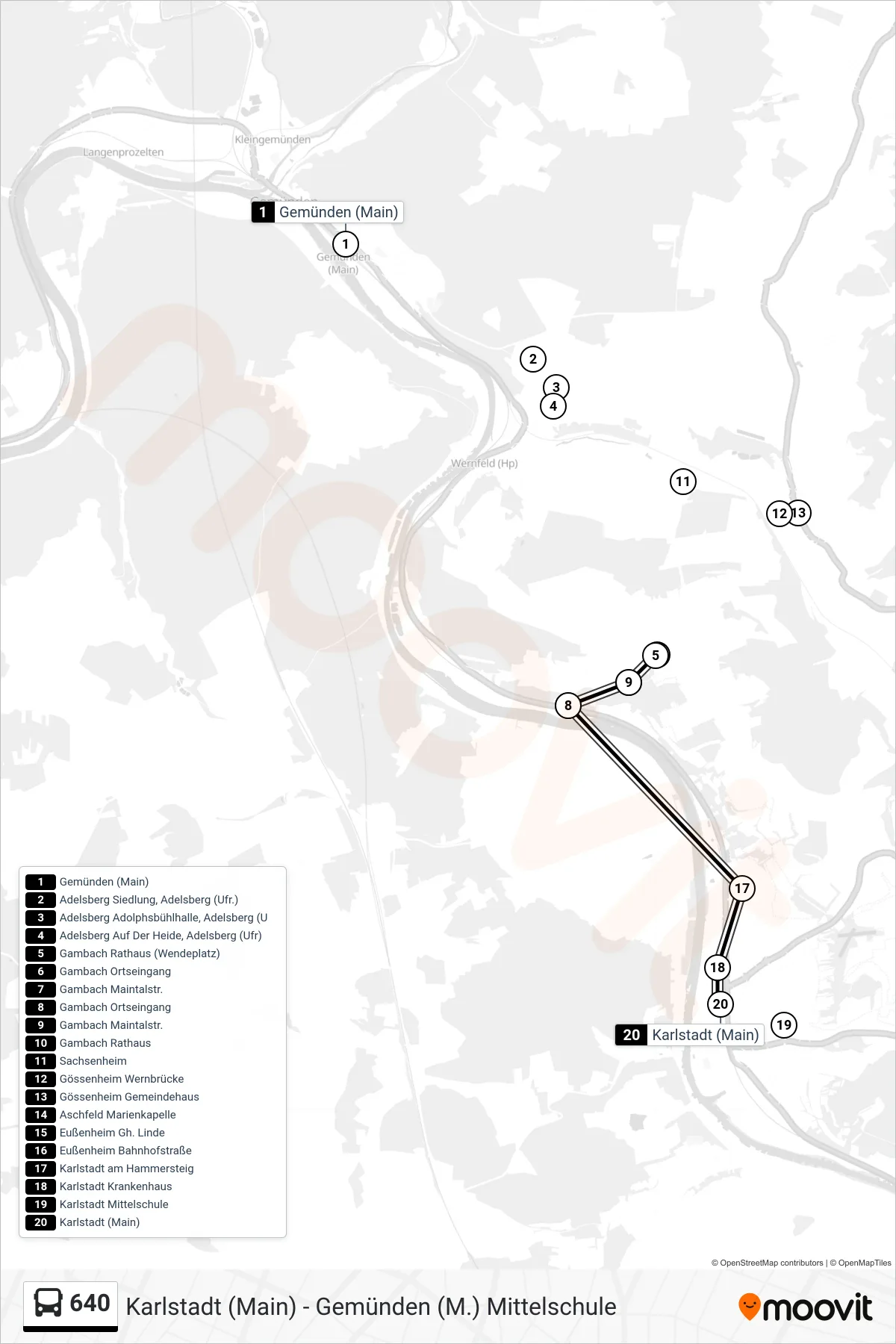 Linie 640 (Bus) Richtung Karlstadt, Bf: Route und Haltestellen auf der Karte