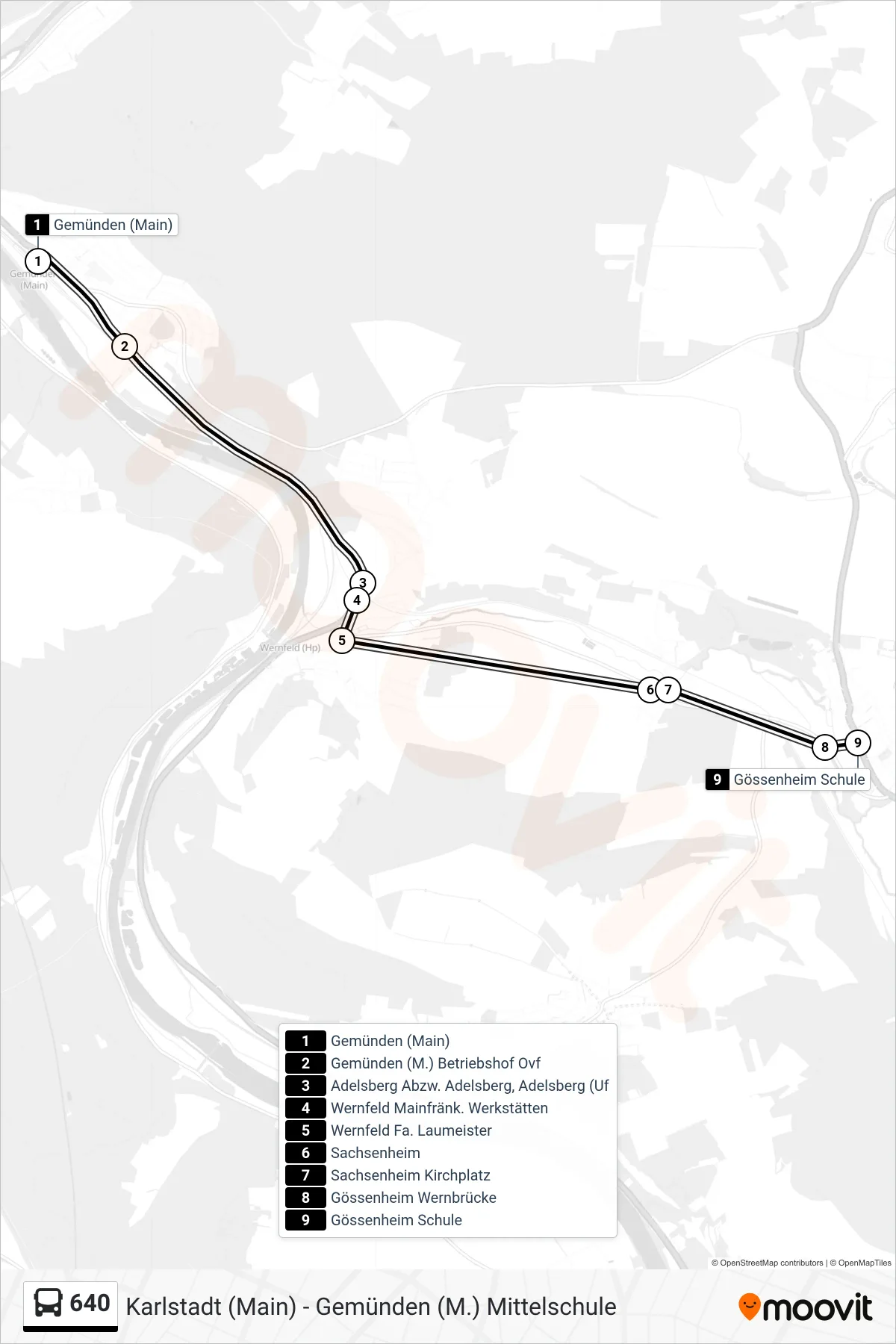 640 bus Line (Gössenheim) route and stops on a map