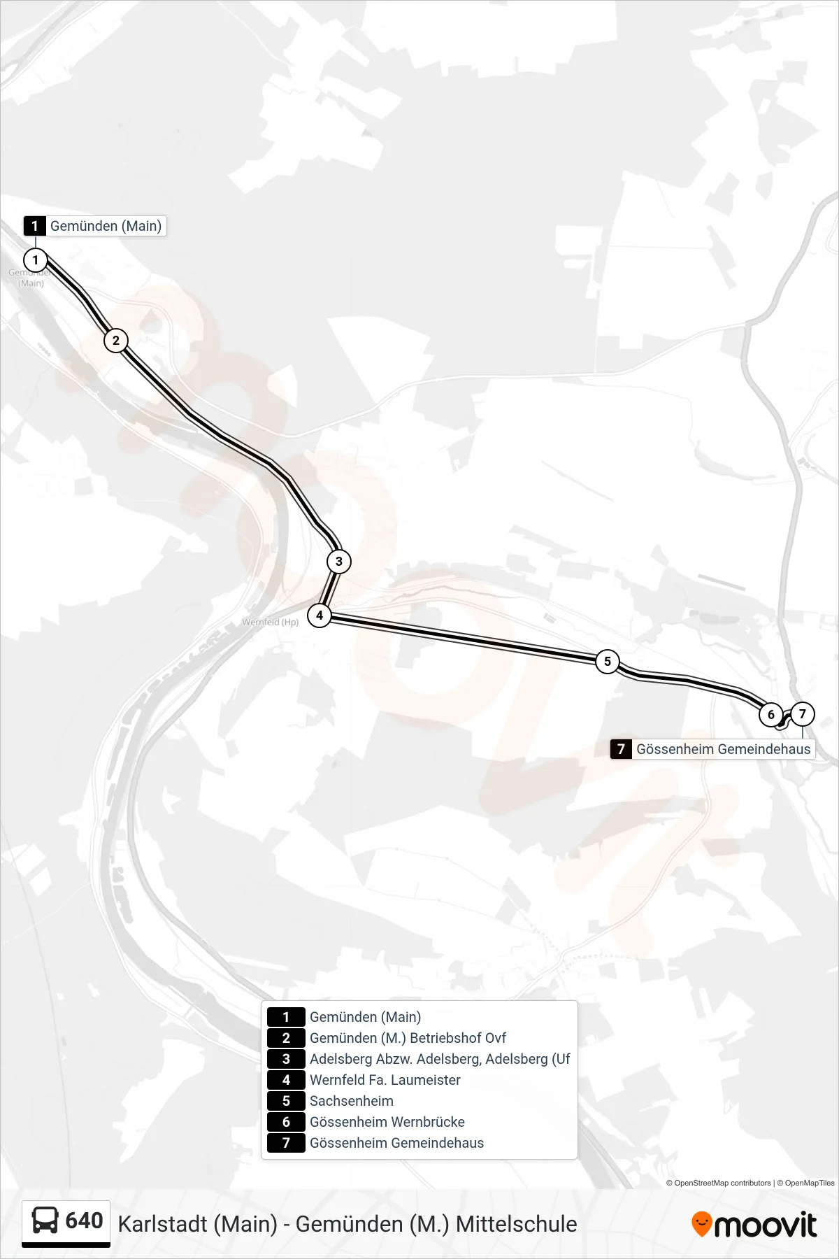 640 bus Line (Gössenheim Gemeindehaus) route and stops on a map