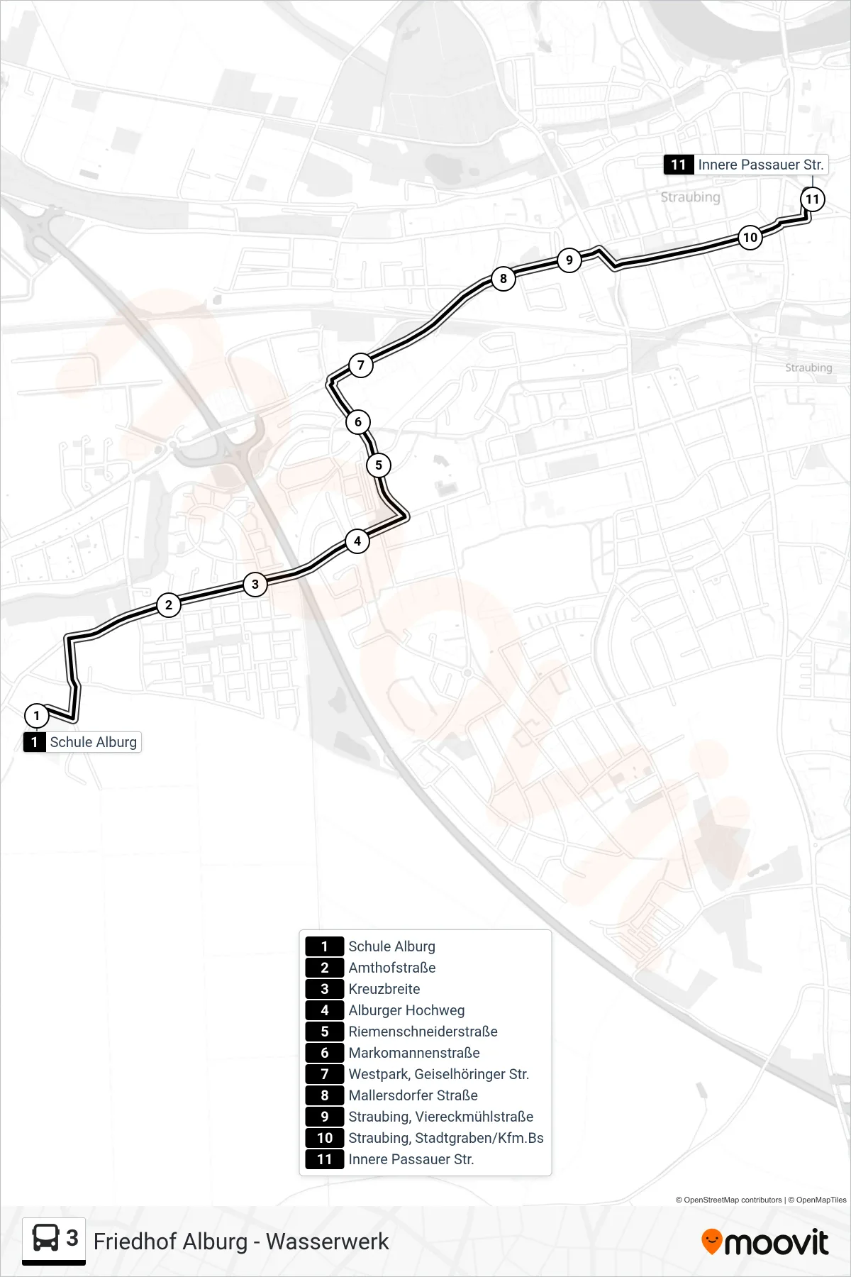 3 bus Line (Innere Passauer Str.) route and stops on a map