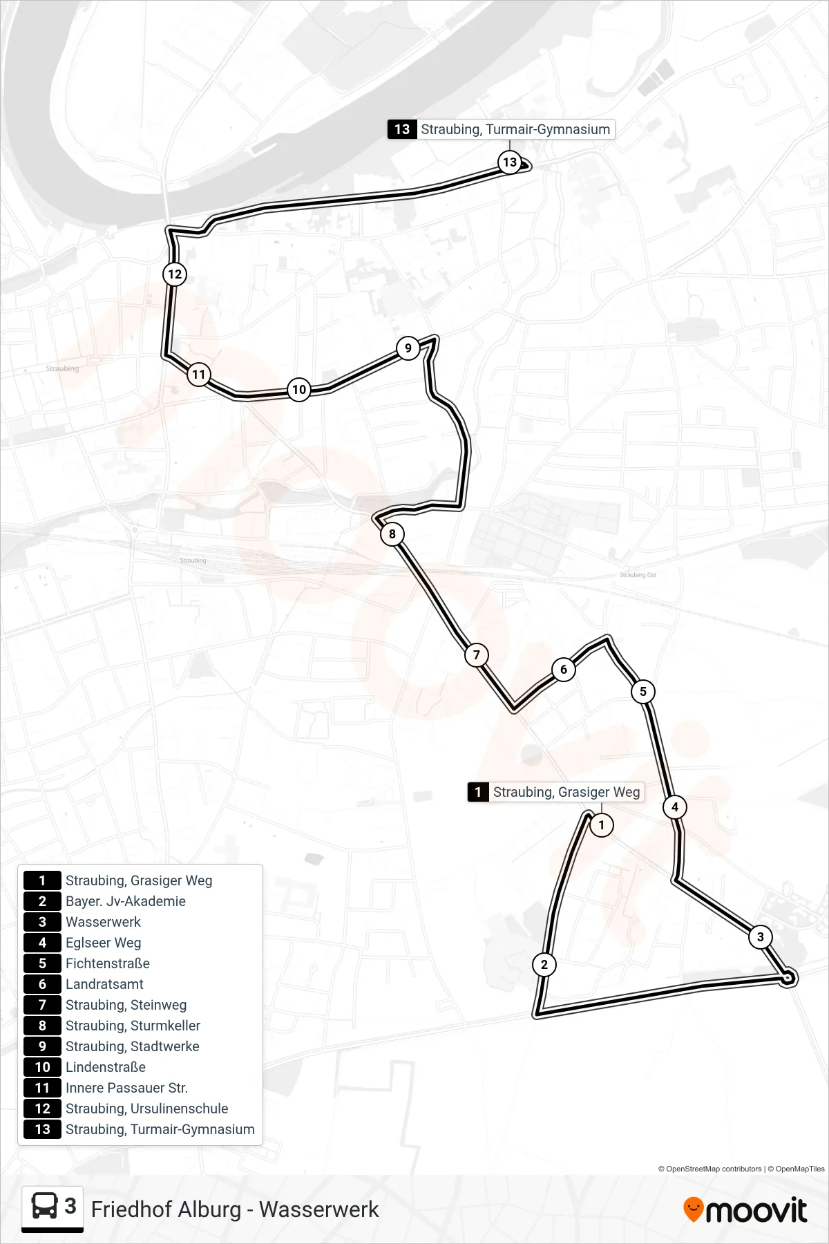 Linie 3 (Bus) Richtung Straubing, Turmair-Gymnasium: Route und Haltestellen auf der Karte