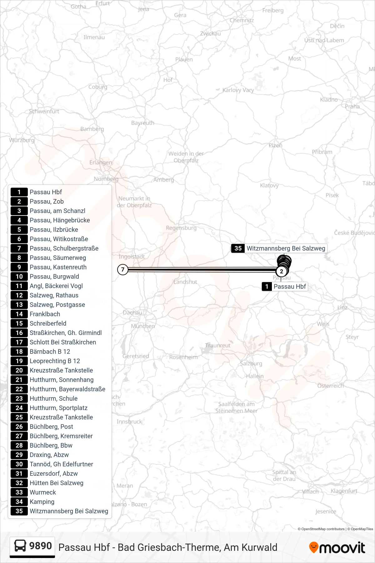 9890 bus Line (Witzmannsberg) route and stops on a map
