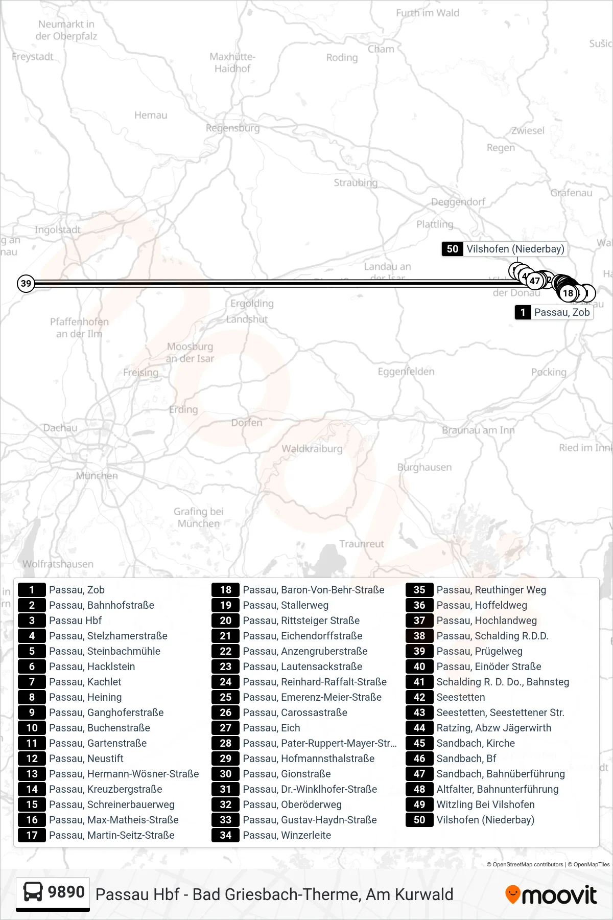 Linie 9890 (Bus) Richtung Vilshofen: Route und Haltestellen auf der Karte