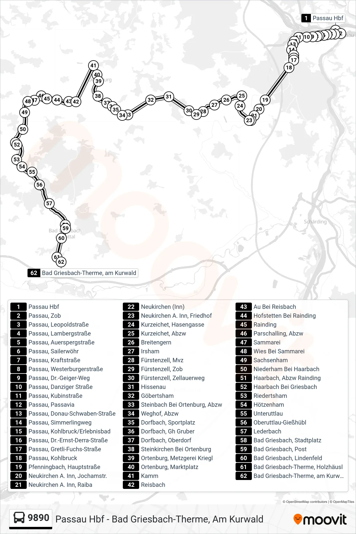 Linie 9890 (Bus) Richtung Bad Griesbach: Route und Haltestellen auf der Karte