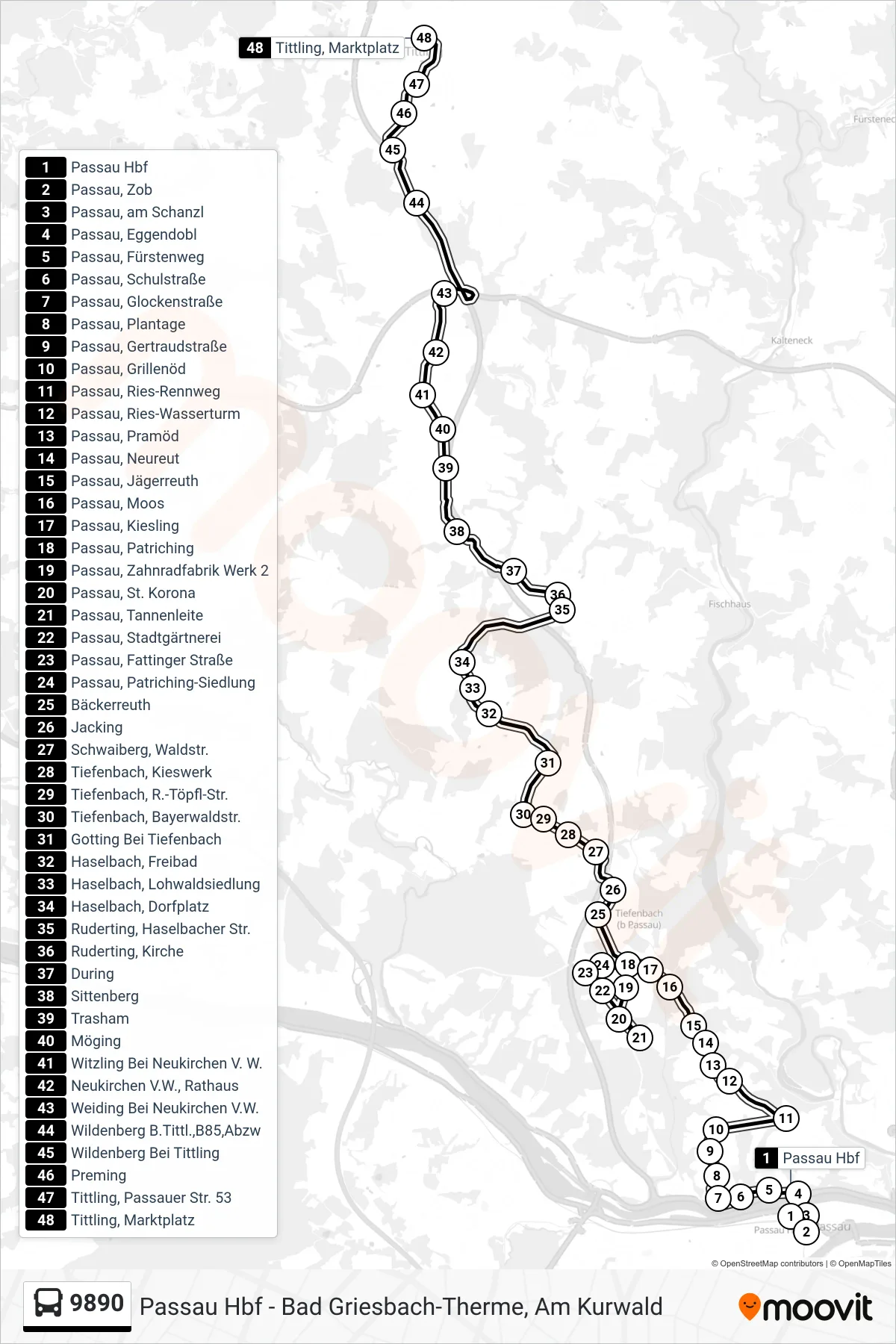 Linie 9890 (Bus) Richtung Tittling: Route und Haltestellen auf der Karte