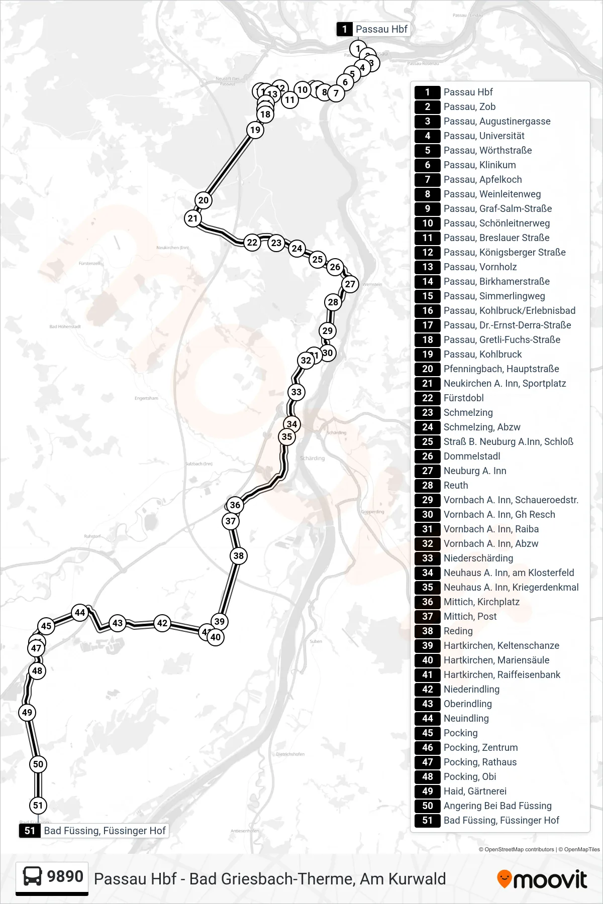 9890 bus Line (Bad Füssing) route and stops on a map