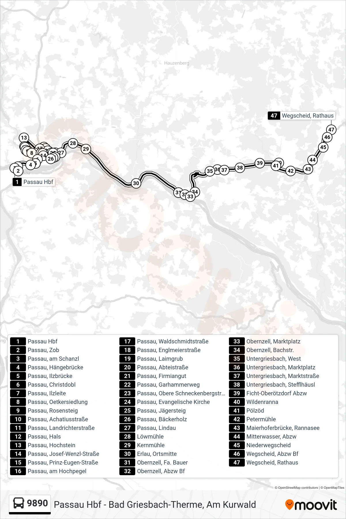 9890 bus Line (Wegscheid) route and stops on a map