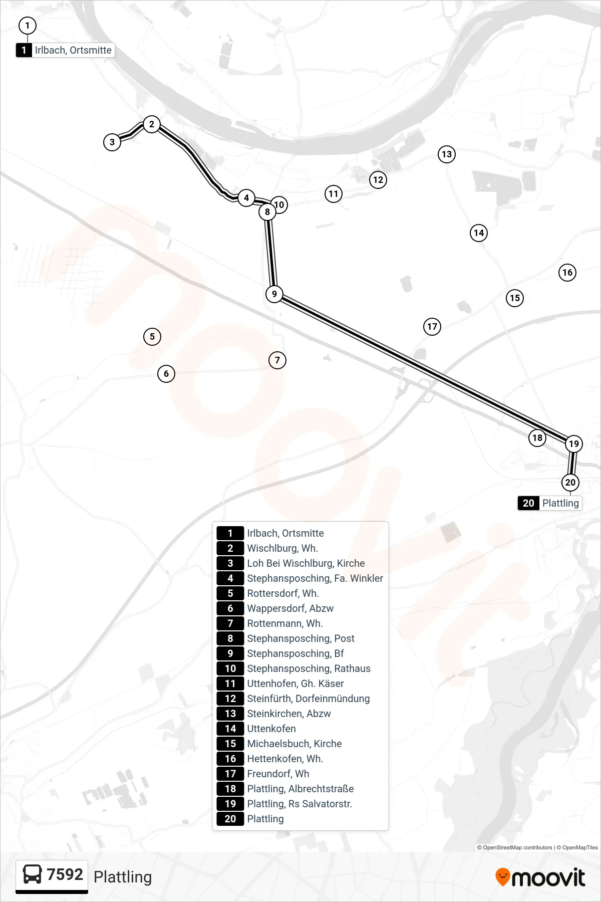 7592 bus Line (Plattling) route and stops on a map