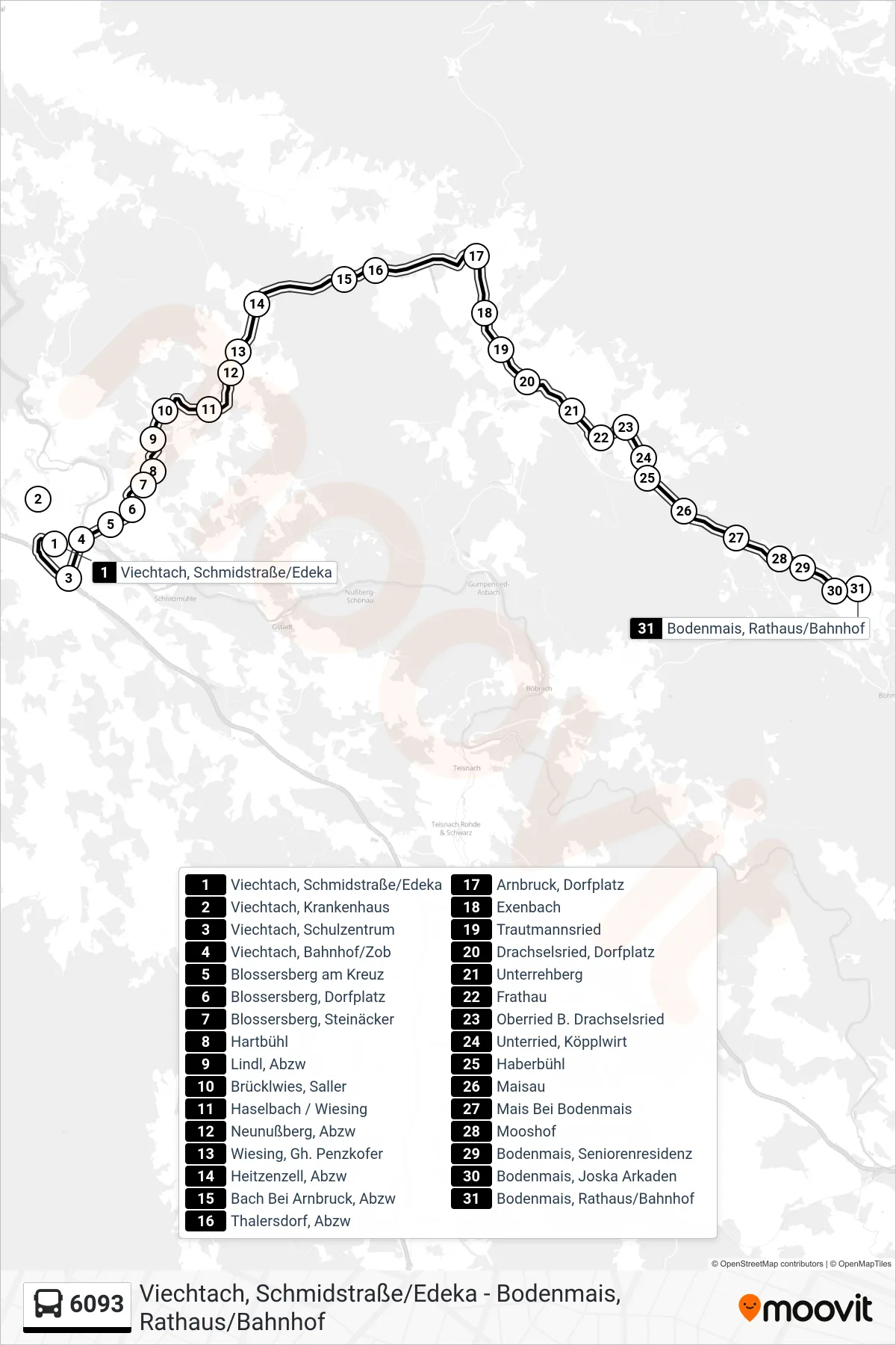 Linie 6093 (Bus) Richtung Bodenmais, Rathaus: Route und Haltestellen auf der Karte