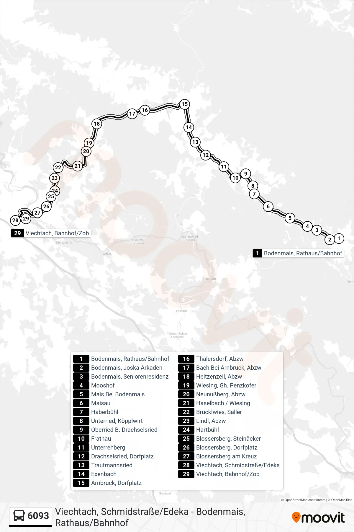 Linie 6093 (Bus) Richtung Viechtach, Bahnhof/Zob: Route und Haltestellen auf der Karte