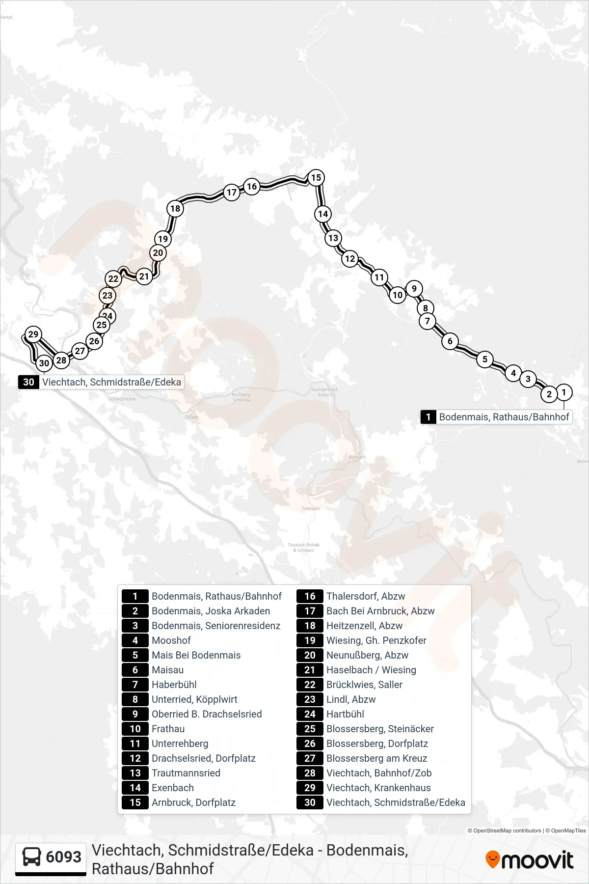 Linie 6093 (Bus) Richtung Viechtach, Schmidstr./Edeka: Route und Haltestellen auf der Karte