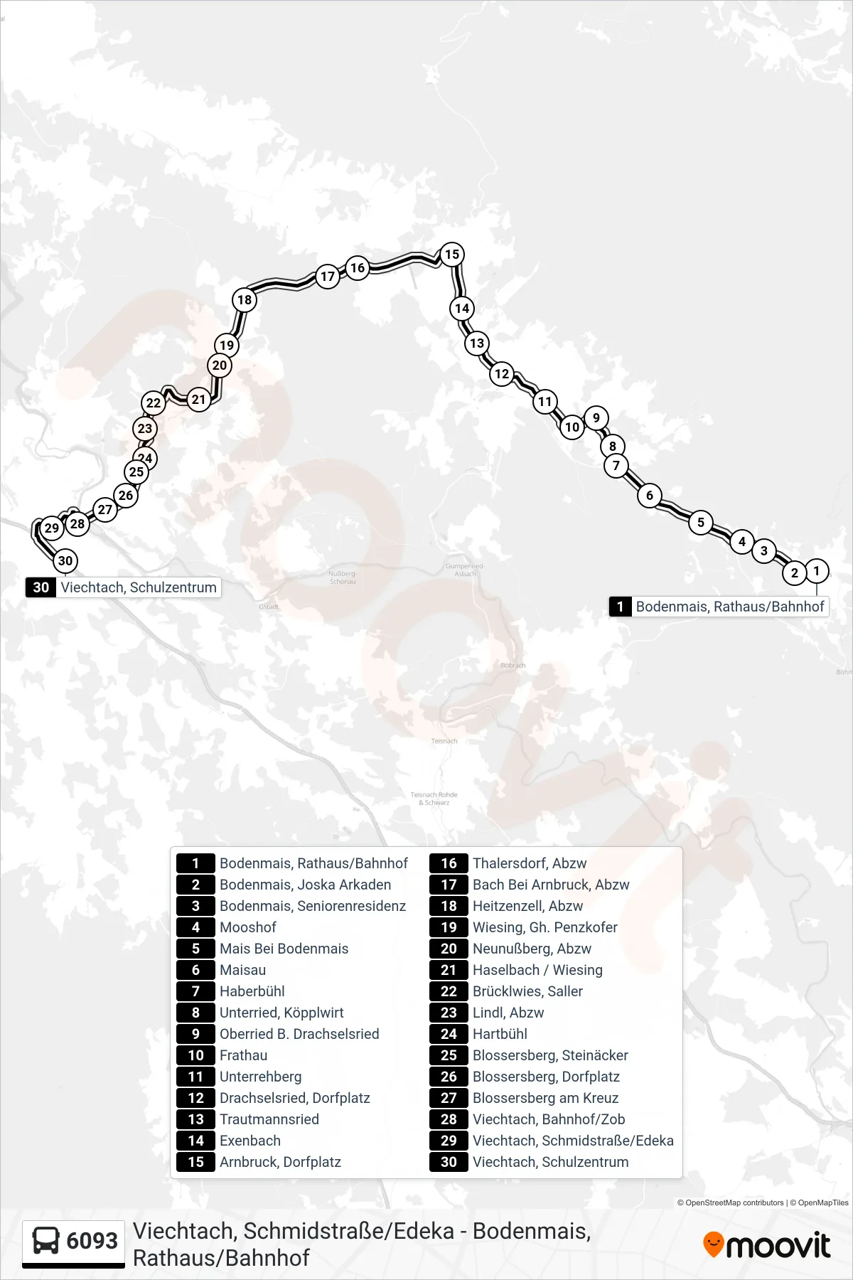6093 bus Line (Viechtach Schulzentrum) route and stops on a map