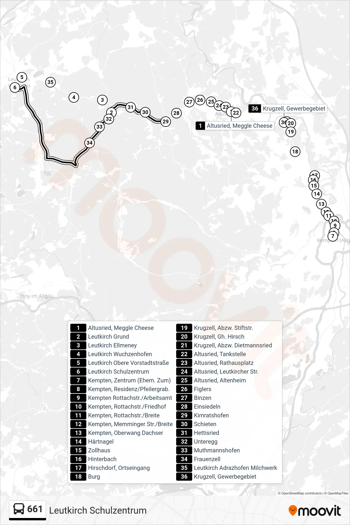 Linie 661 (Bus) Richtung Leutkirch Schulzentrum: Route und Haltestellen auf der Karte