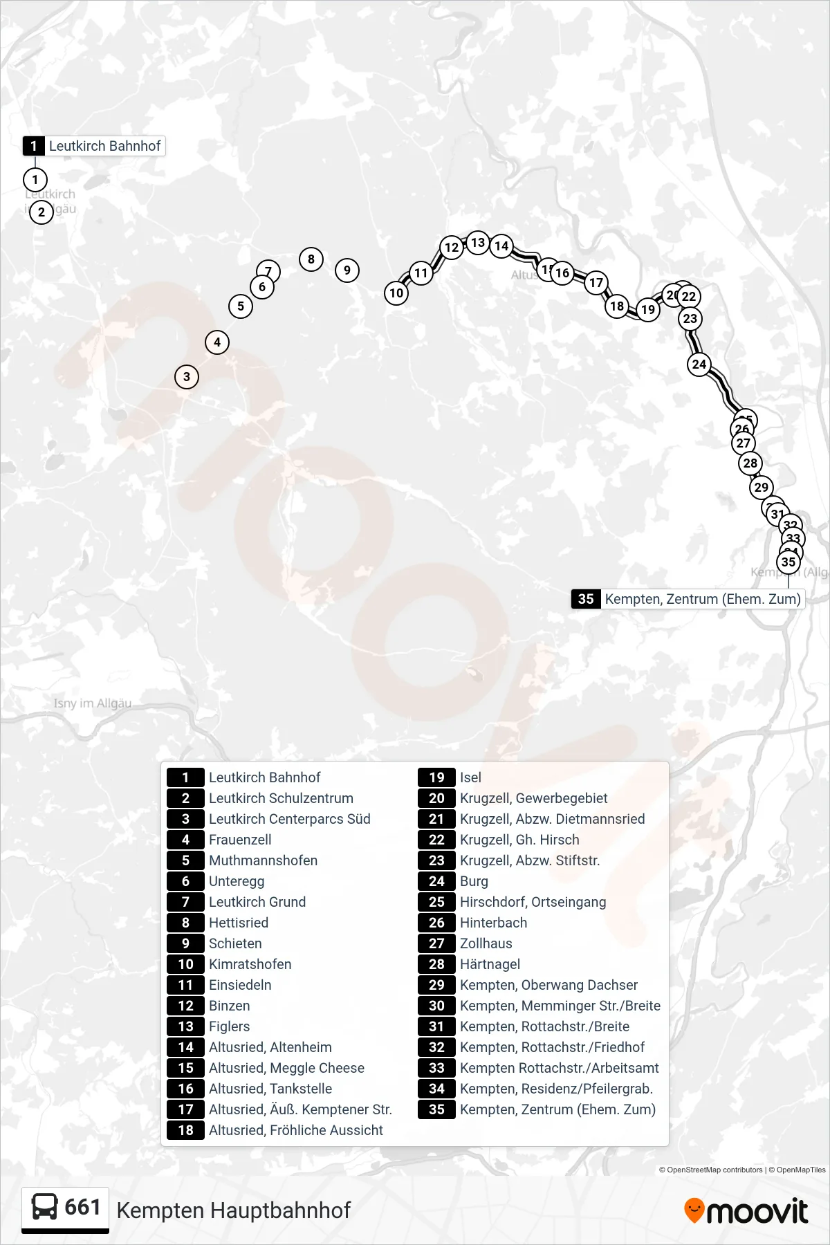 Linie 661 (Bus) Richtung Kempten Hauptbahnhof: Route und Haltestellen auf der Karte