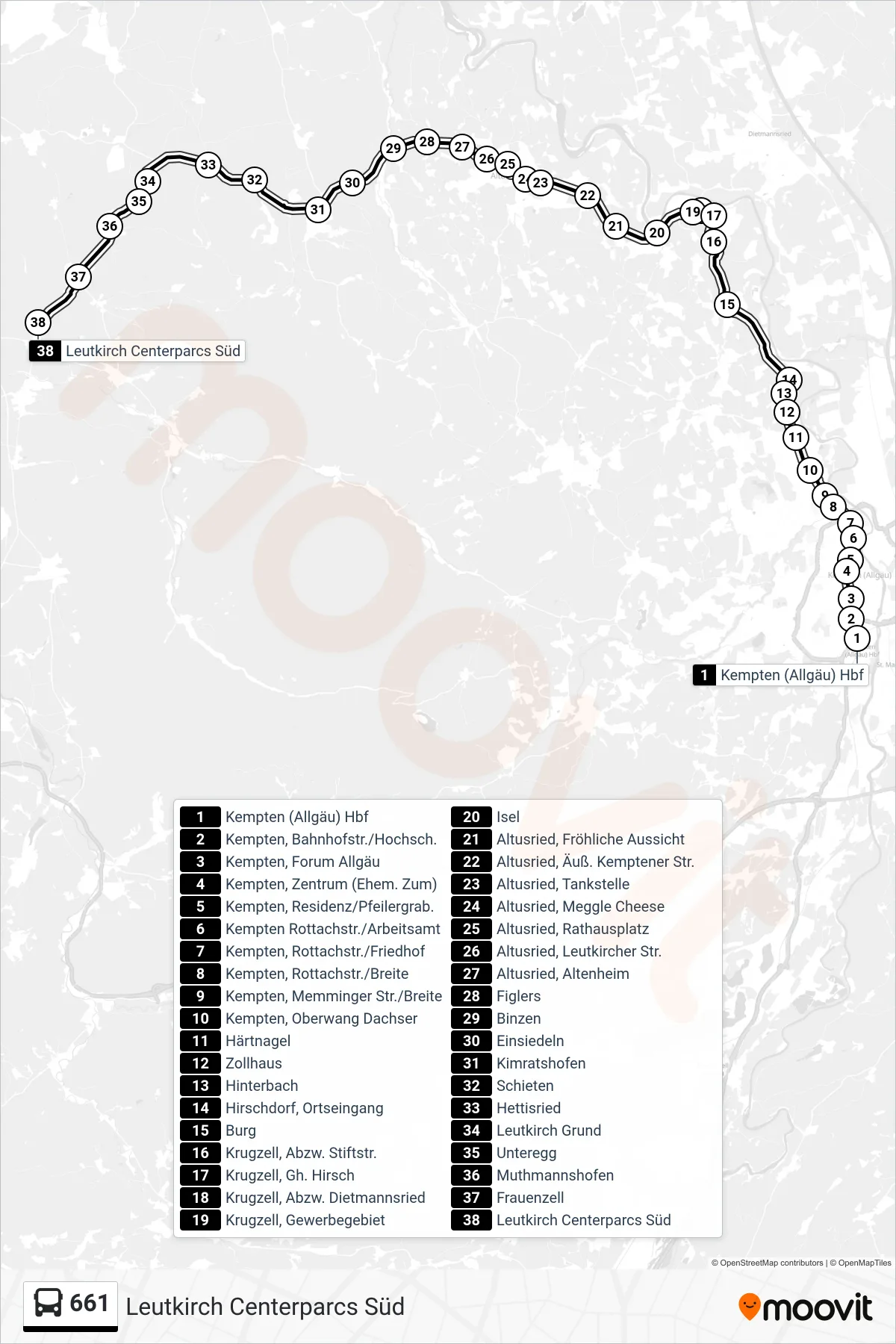 661 bus Line (Leutkirch Centerparcs Süd) route and stops on a map