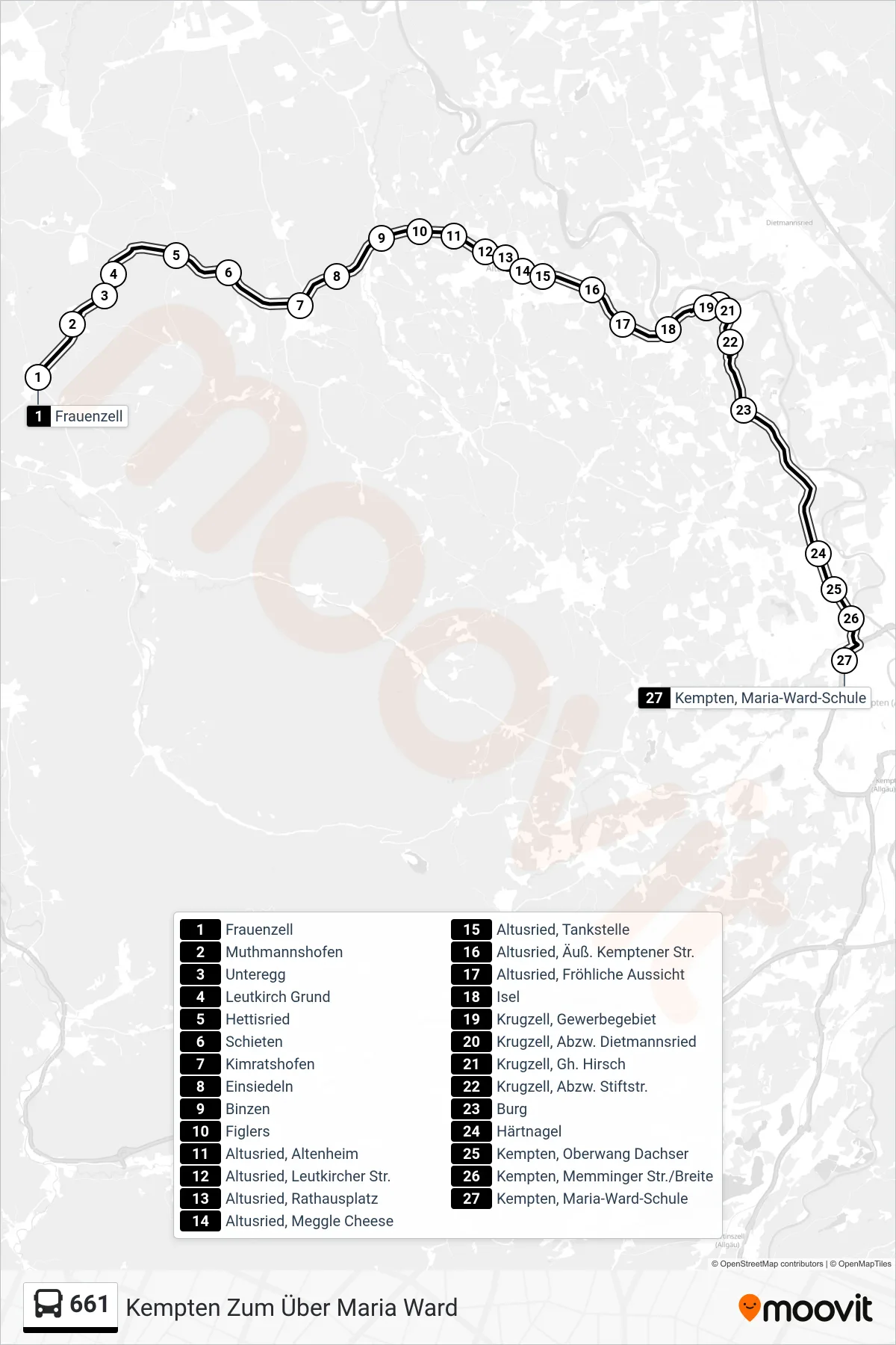 661 bus Line (Kempten Zum Über Maria Ward) route and stops on a map