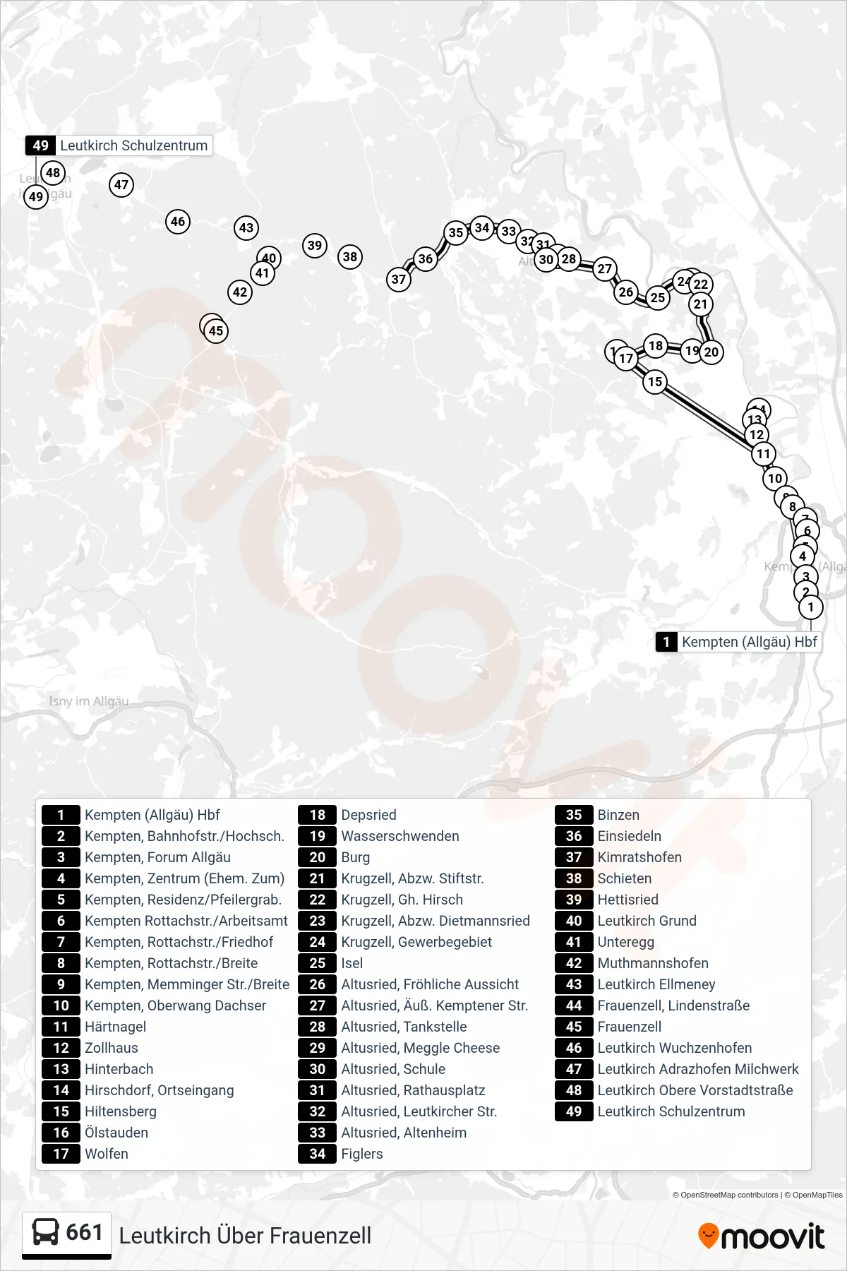 661 bus Line (Leutkirch Über Frauenzell) route and stops on a map
