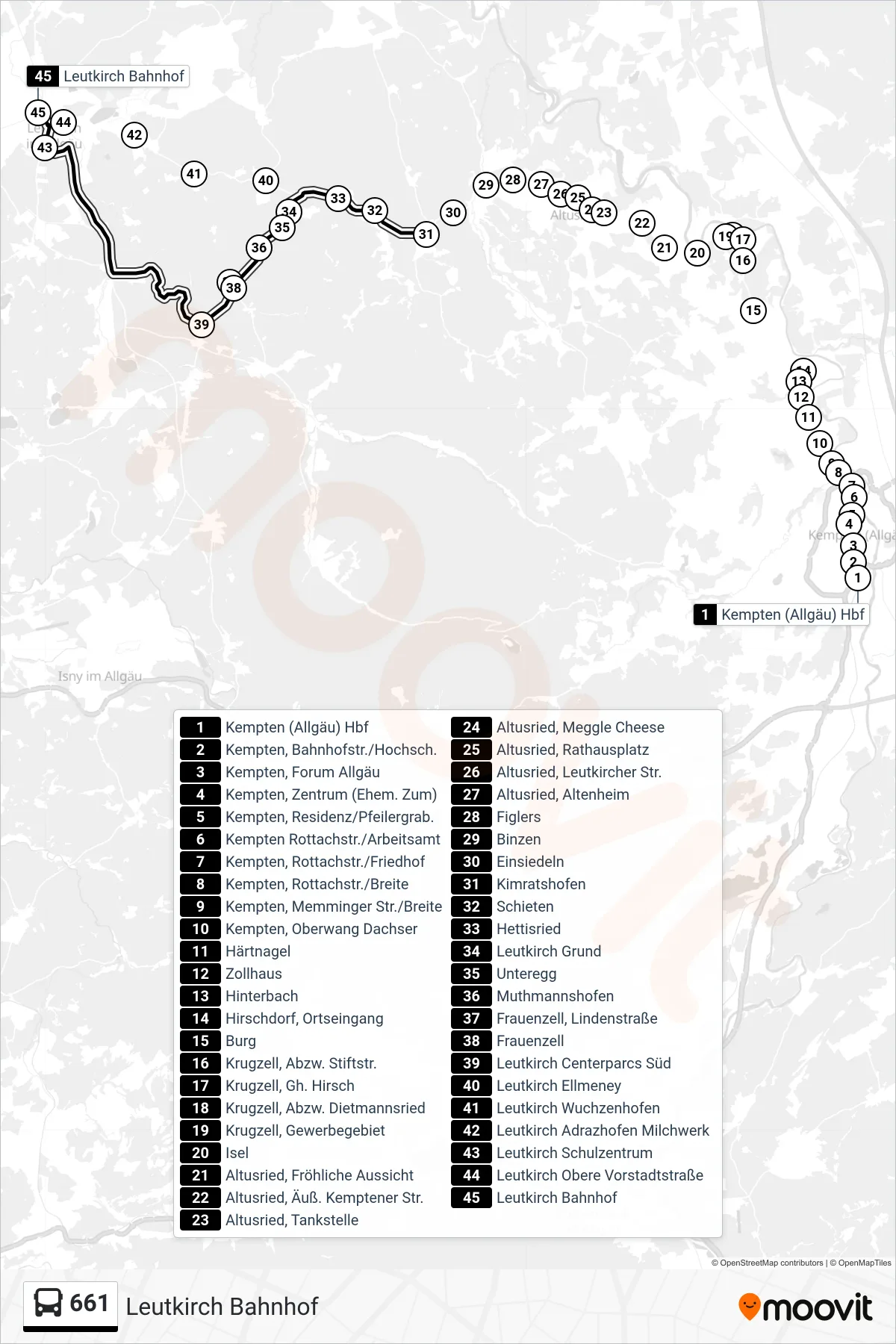 661 bus Line (Leutkirch Bahnhof) route and stops on a map
