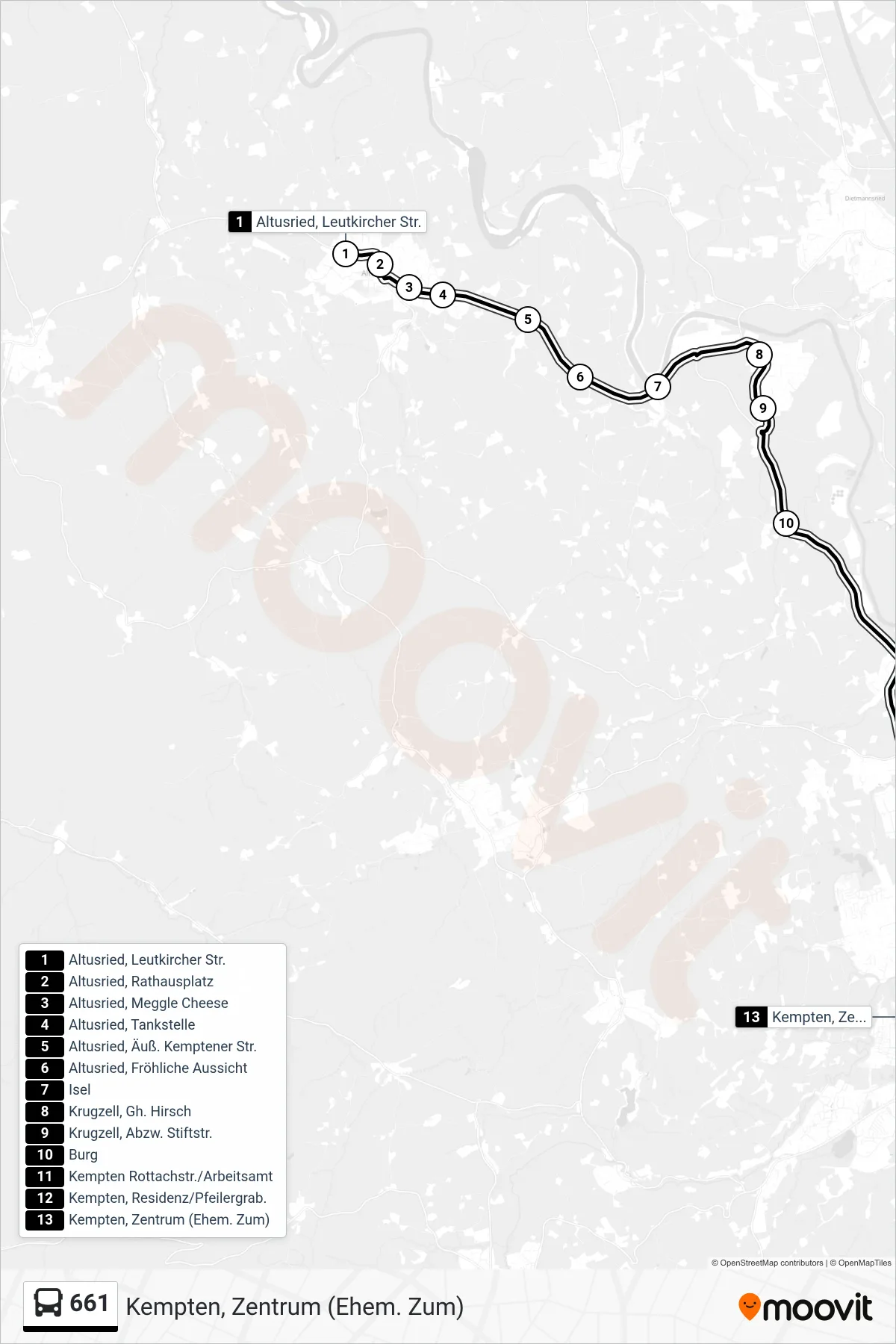 661 bus Line (Kempten, Zentrum (Ehem. Zum)) route and stops on a map