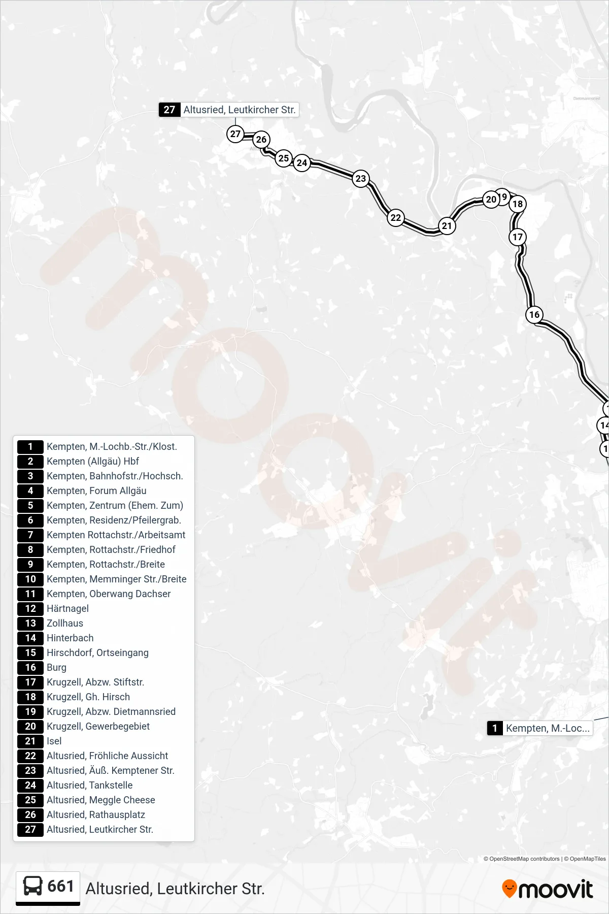 Linie 661 (Bus) Richtung Altusried, Leutkircher Str.: Route und Haltestellen auf der Karte