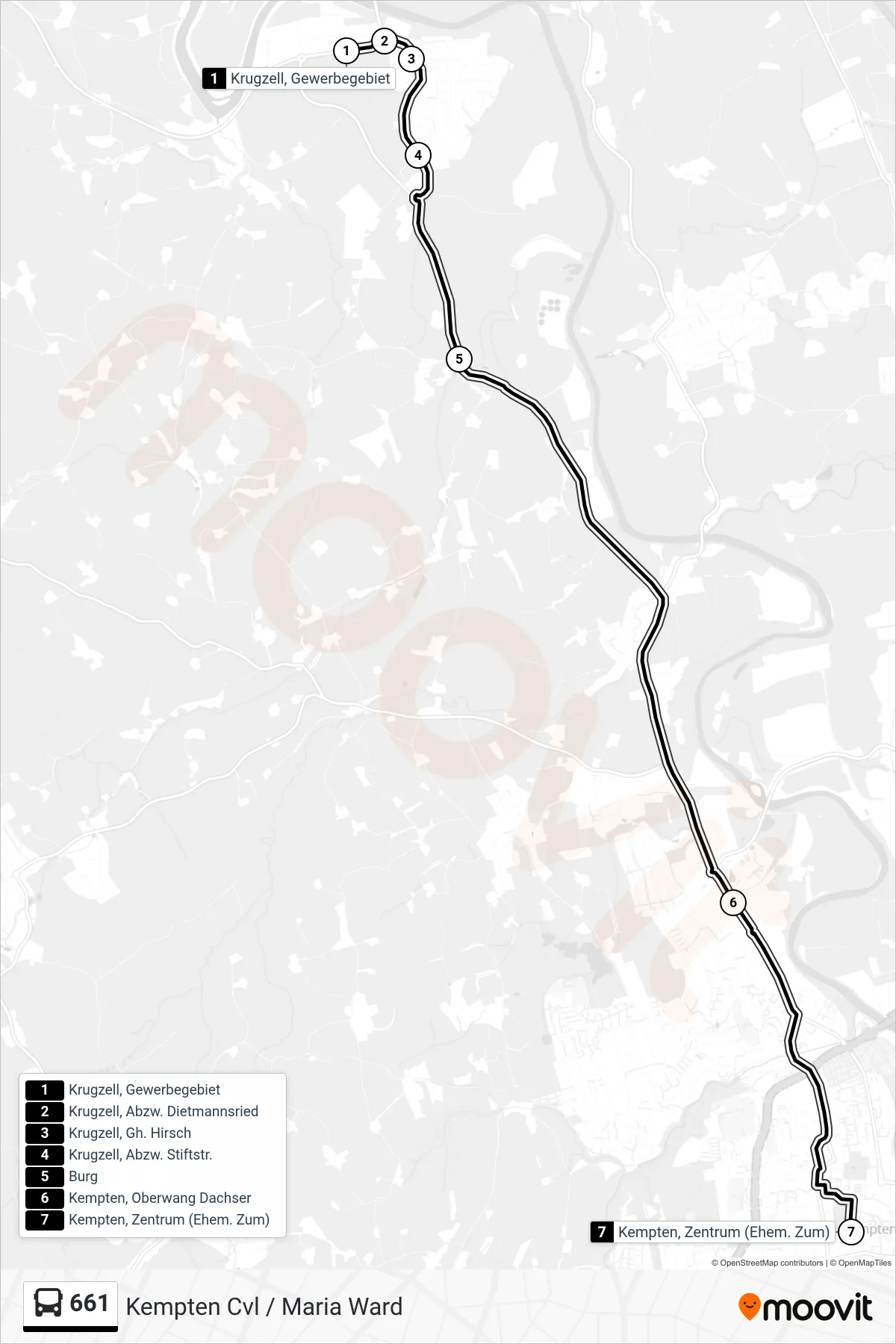 661 bus Line (Kempten Cvl / Maria Ward) route and stops on a map